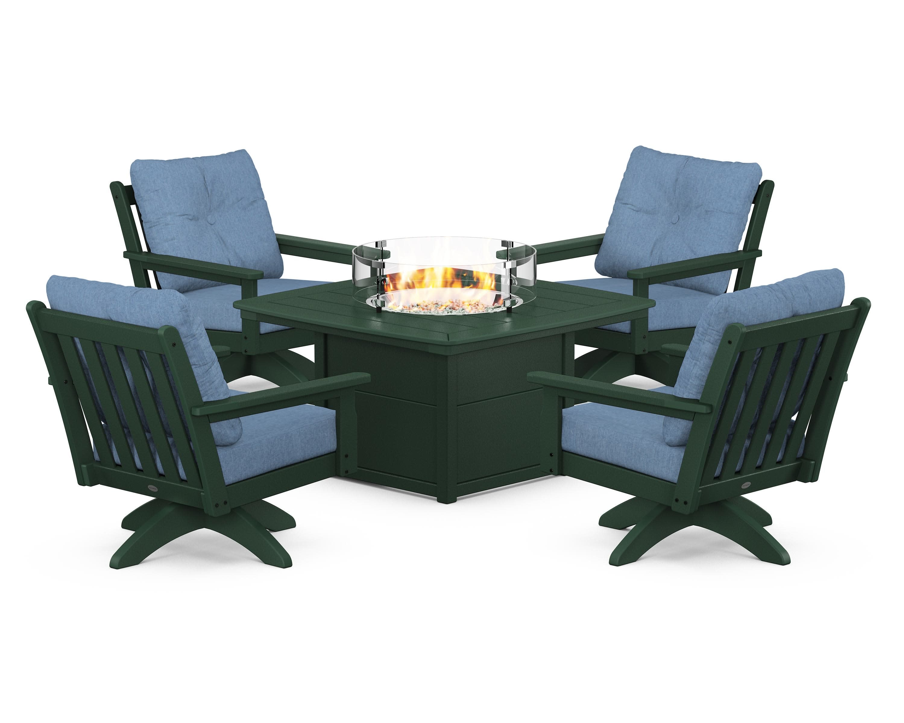 Vineyard 5-Piece Deep Seating Swivel Conversation Set with Fire Pit Table in Green / Sky Blue