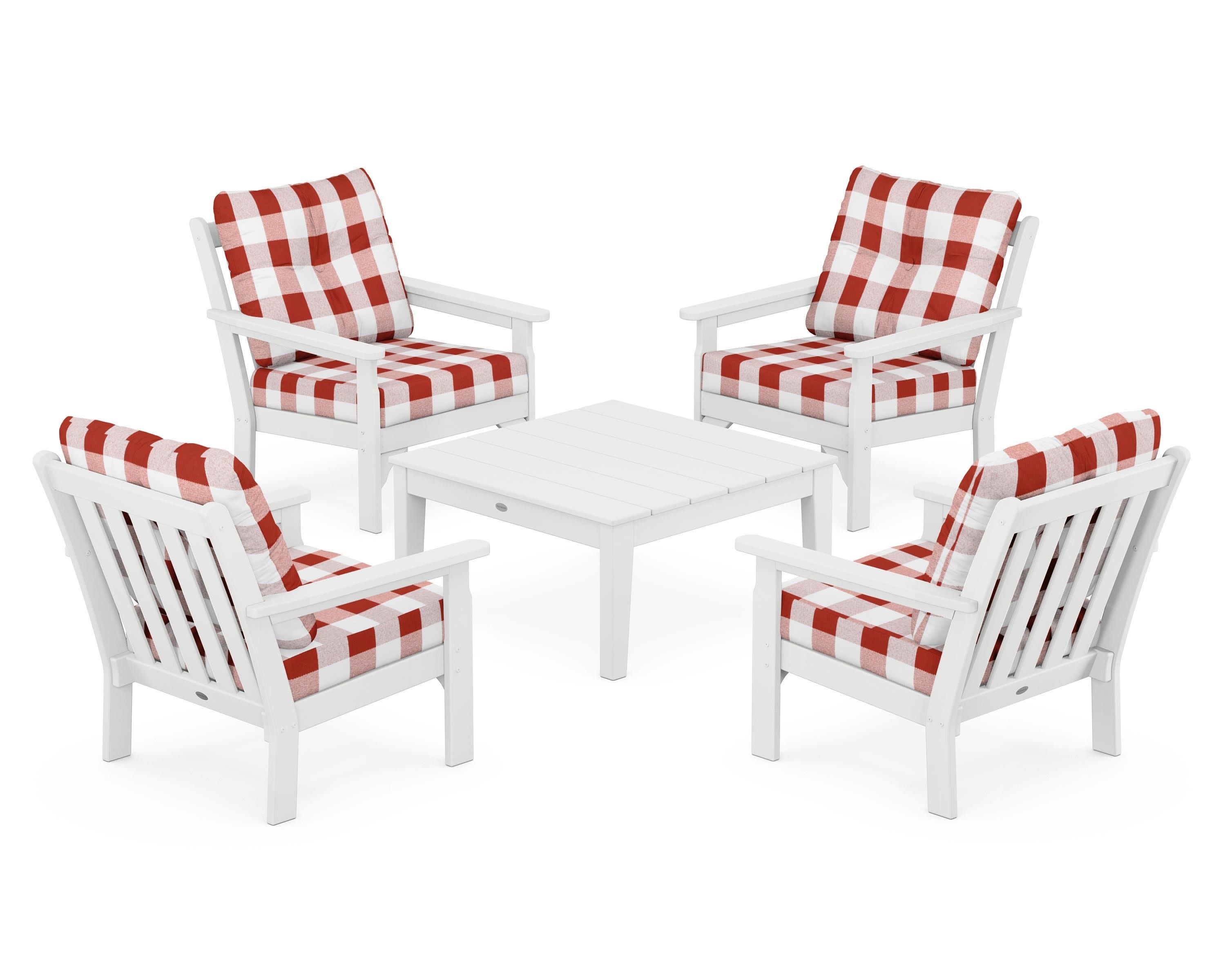 Vineyard 5-Piece Deep Seating Conversation Set in White / Buffalo Plaid Crimson
