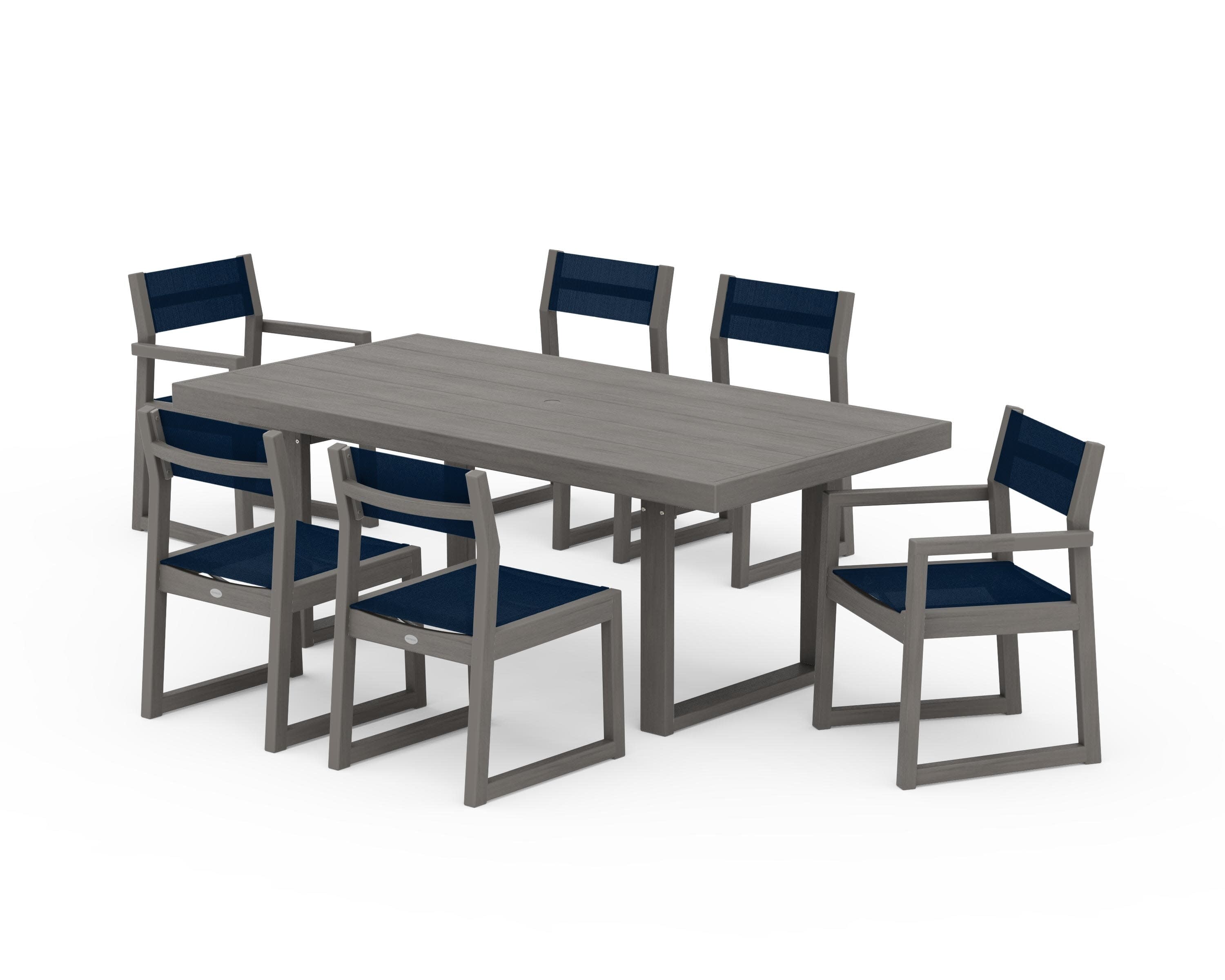 EDGE Sling 7-Piece Dining Set in Driftwood / Navy Blue Sling