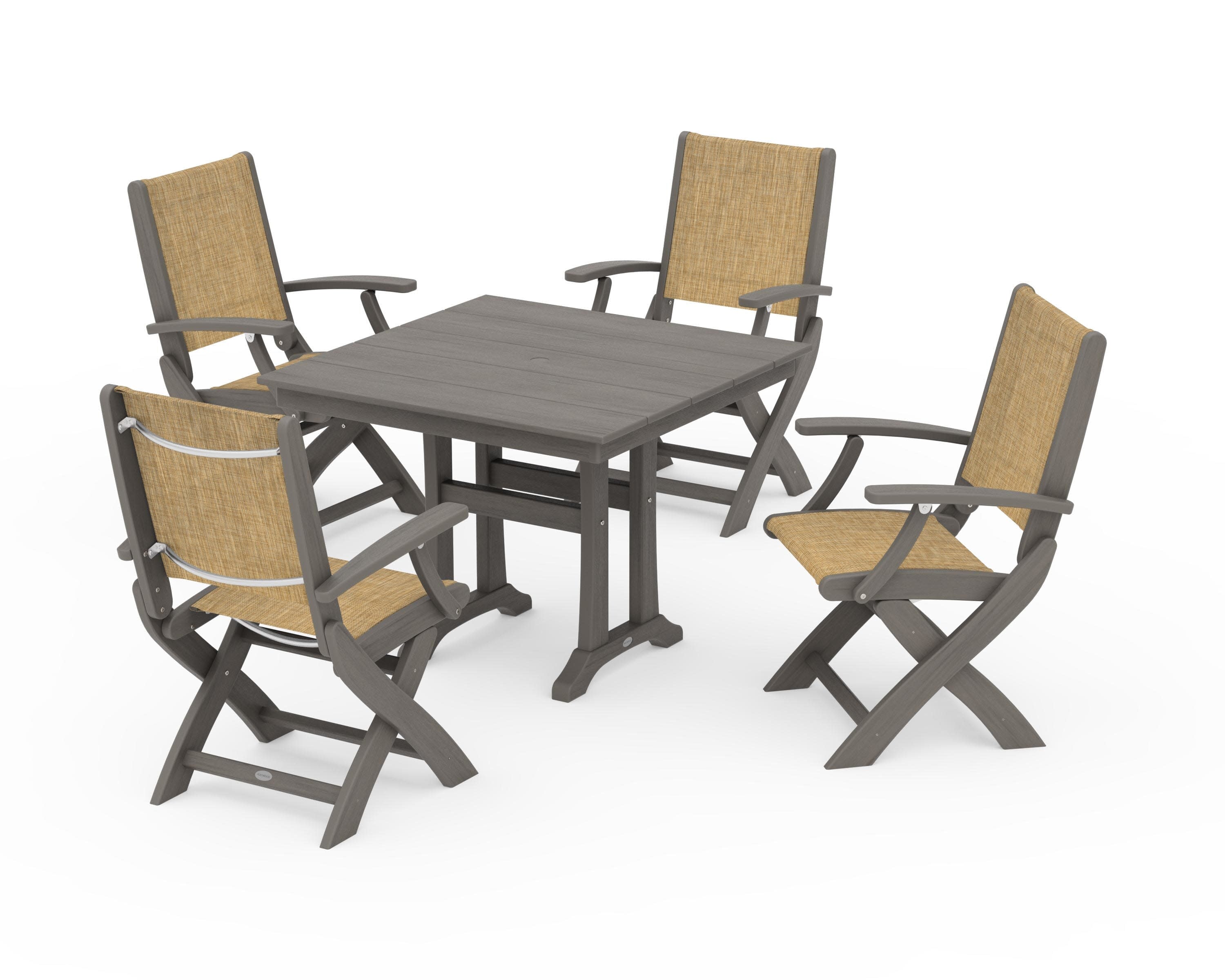Coastal Folding Chair 5-Piece Farmhouse Dining Set With Trestle Legs in Driftwood / Burlap Sling
