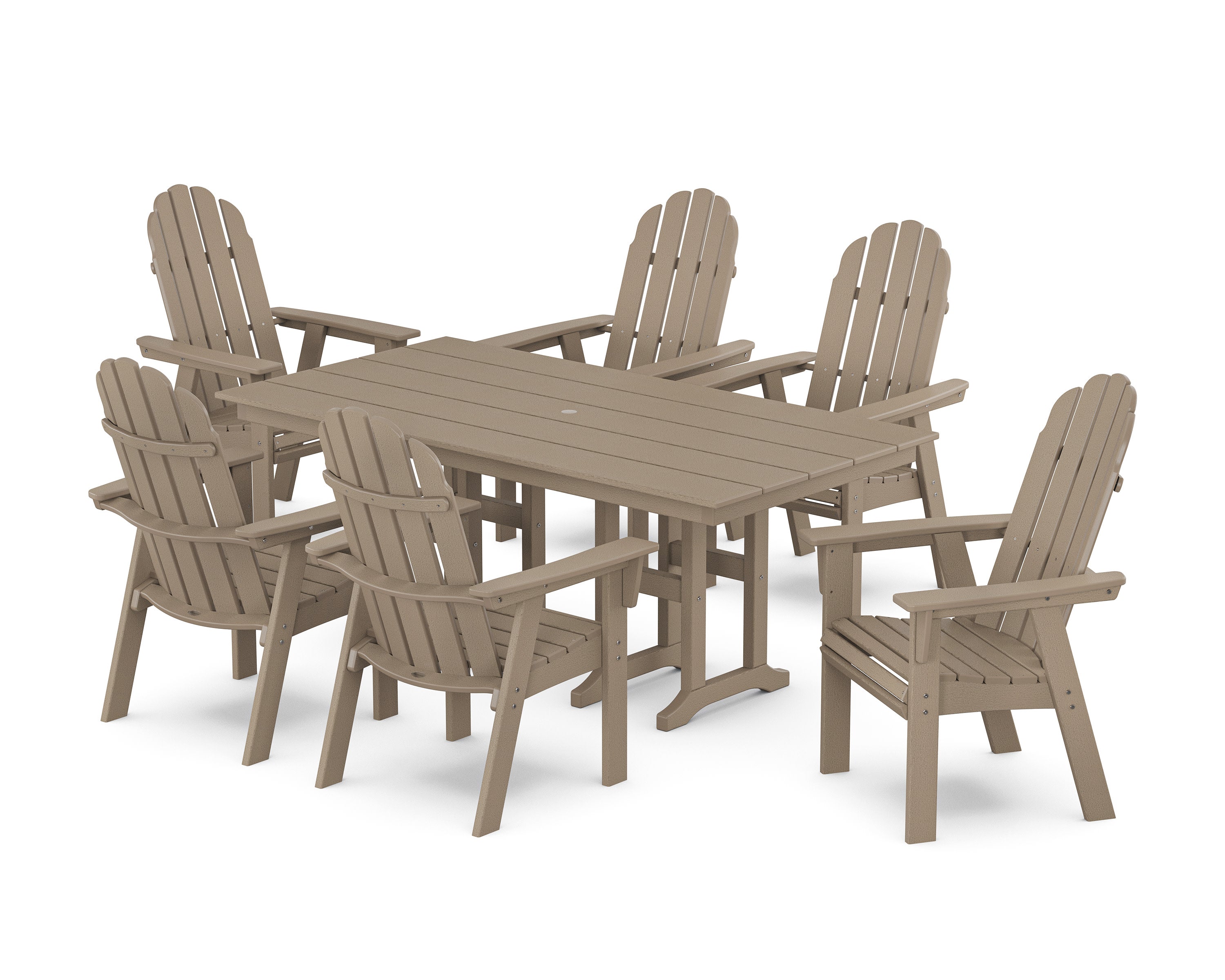Vineyard Curveback Adirondack Chair 7-Piece Farmhouse Dining Set in Vintage Sahara
