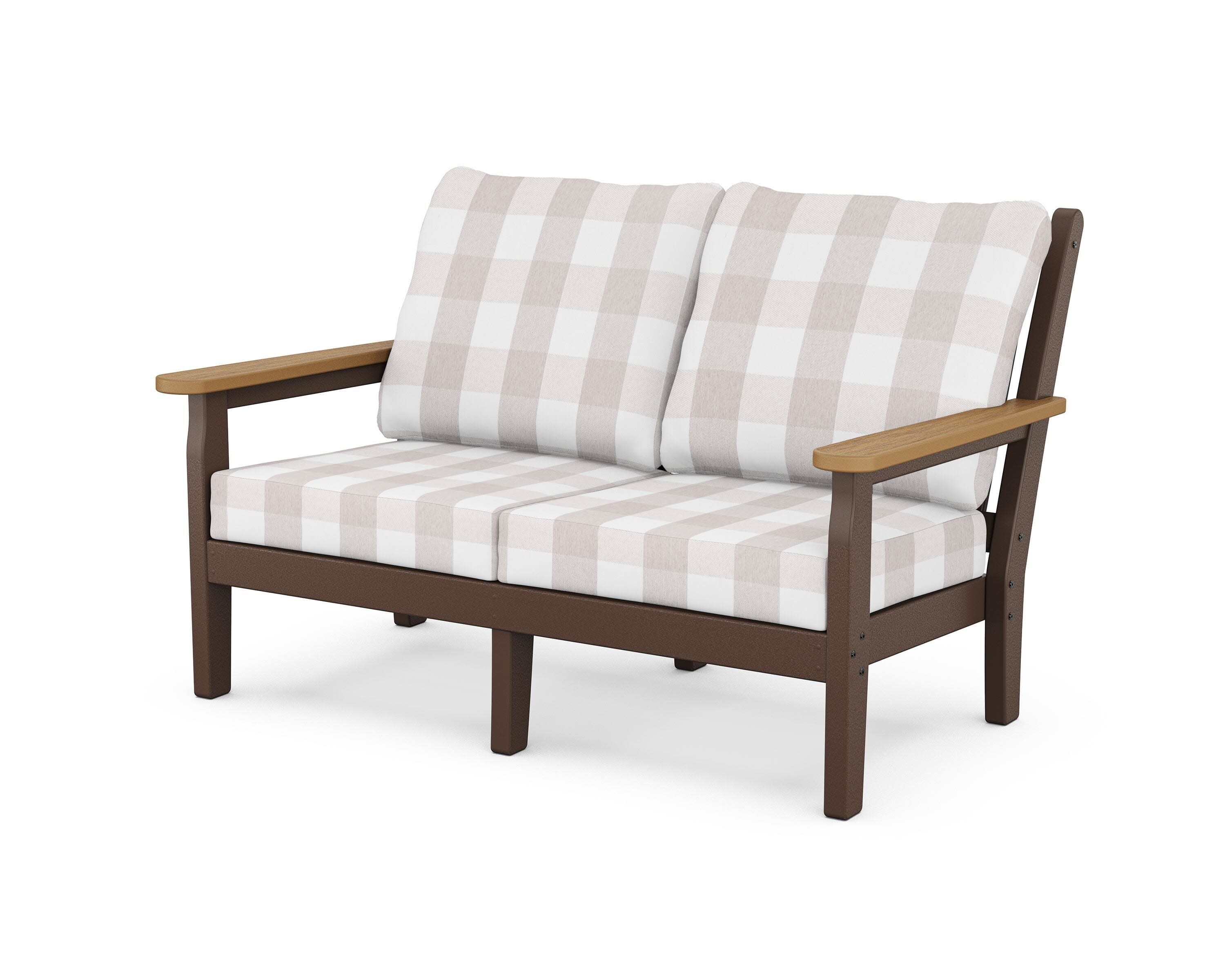 Chippendale Deep Seating Loveseat in Mahogany / Natural / Buffalo Plaid Dune Burlap