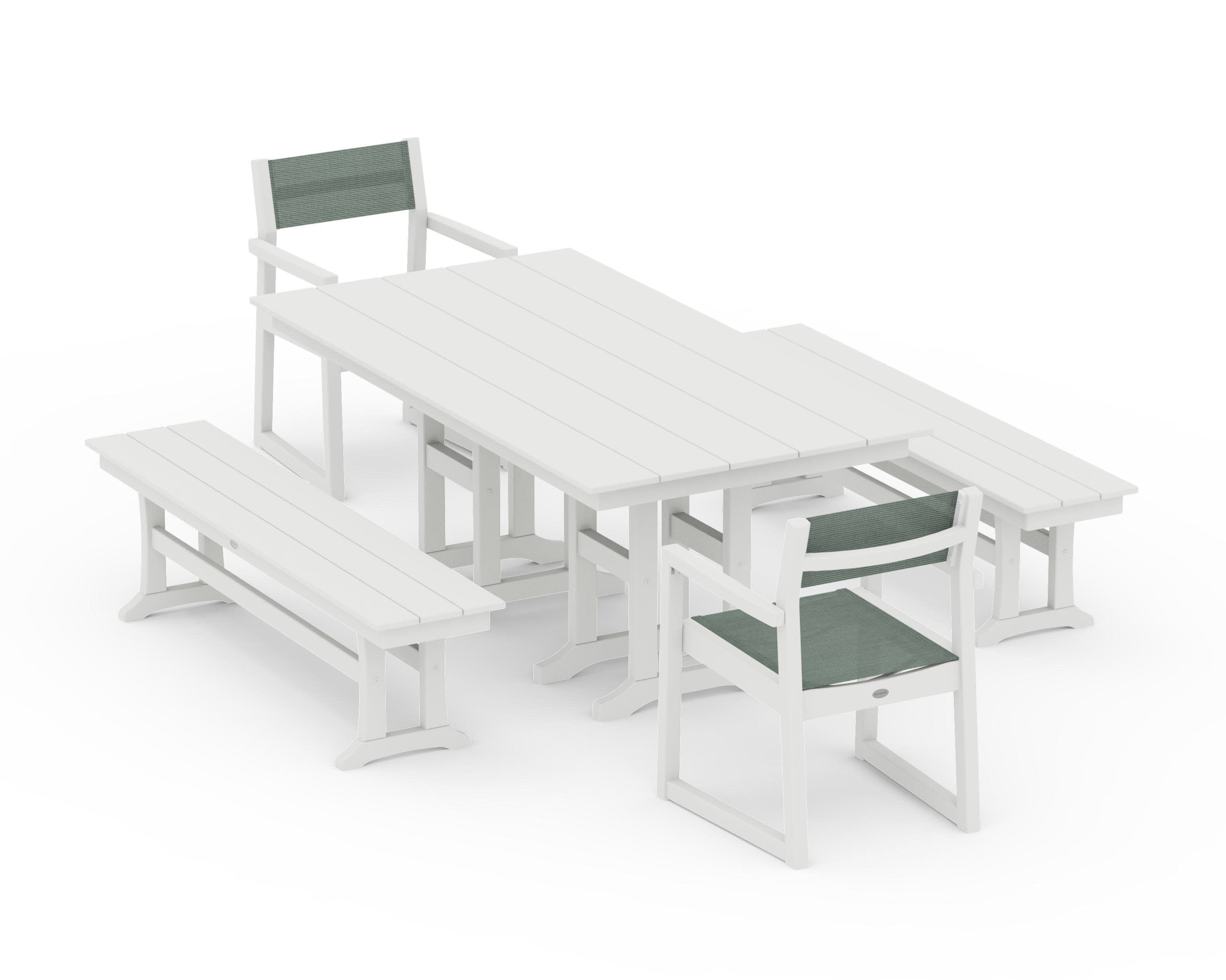 EDGE Sling Arm Chair 5-Piece Farmhouse Dining Set with Benches in Vintage White / Dupioni Sea Mist Sling
