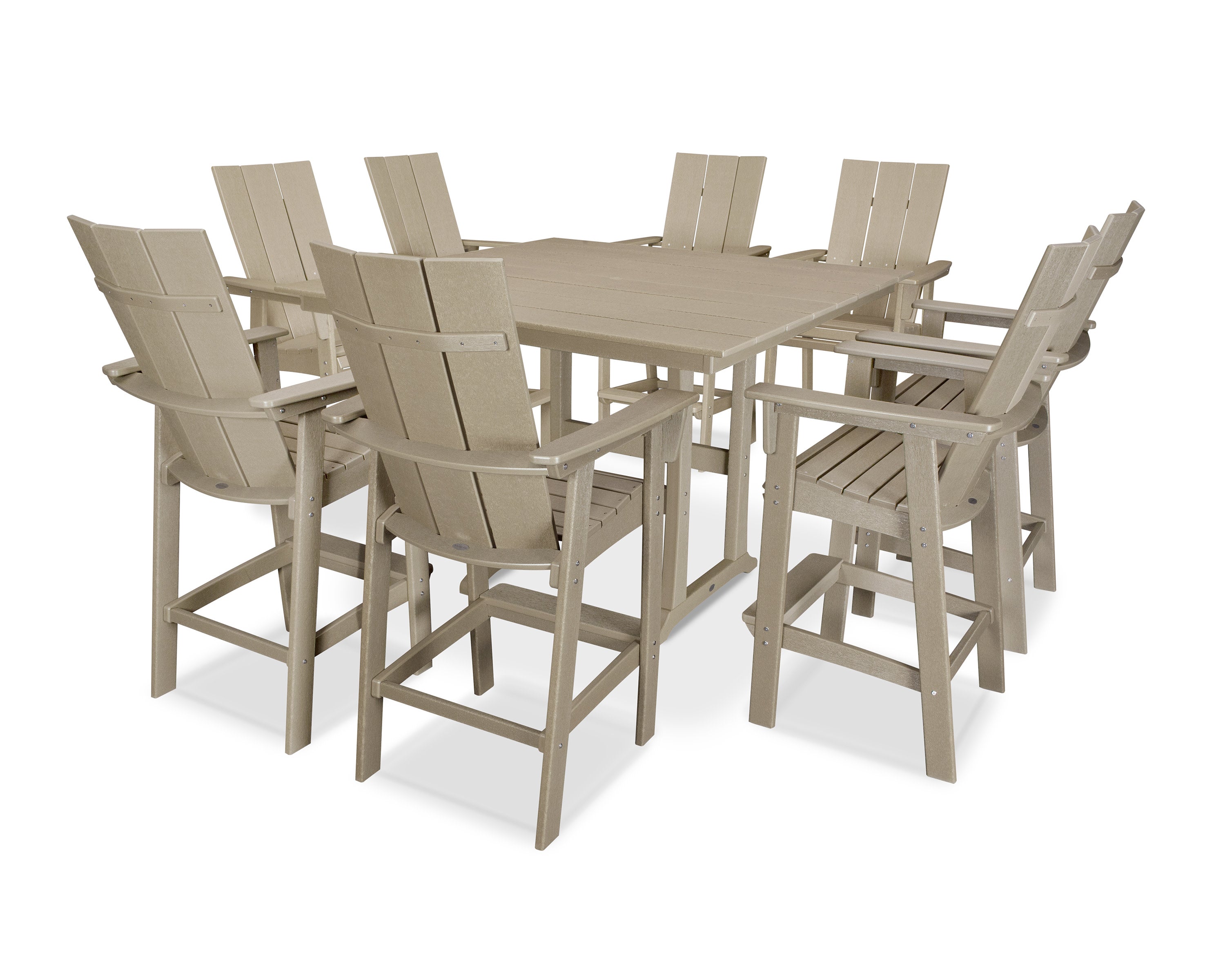 Modern Curveback Adirondack 9-Piece Farmhouse Trestle Bar Set in Vintage Sahara