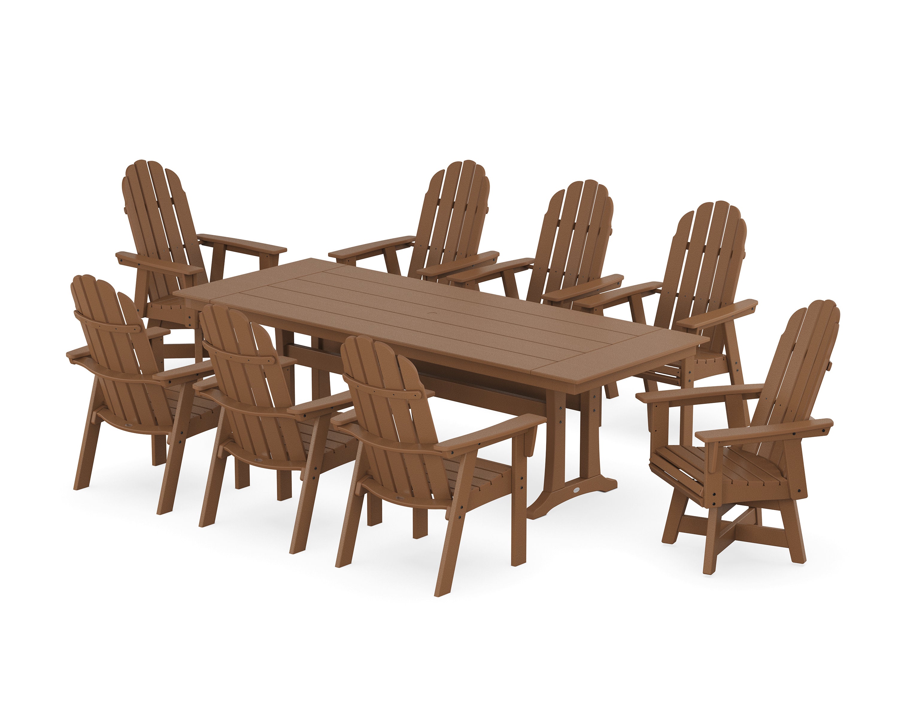 Vineyard 9-Piece Curveback Adirondack Swivel Farmhouse Dining Set with Trestle Legs in Teak