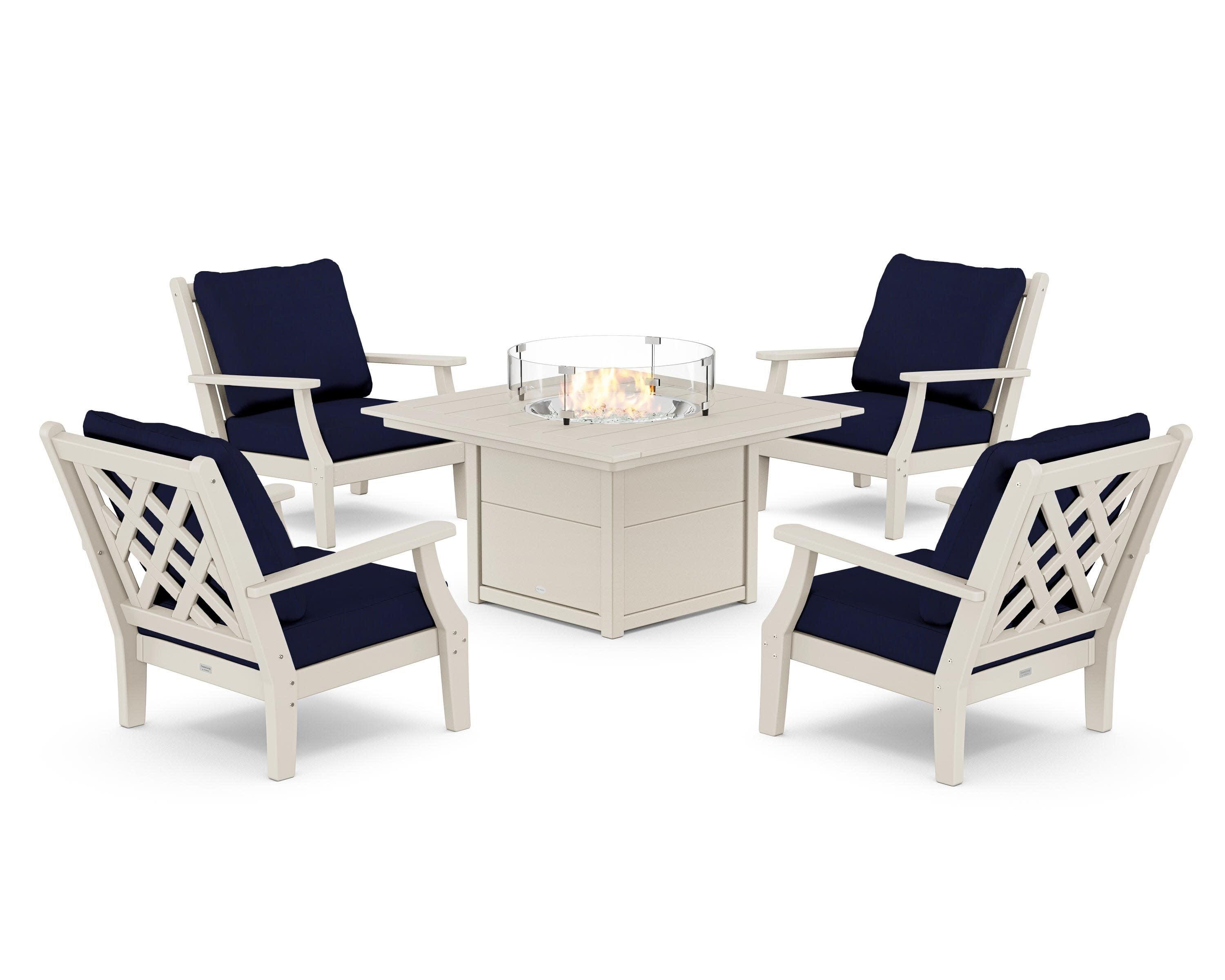 Wovendale 5-Piece Deep Seating Set with Fire Pit Table in Sand / Navy