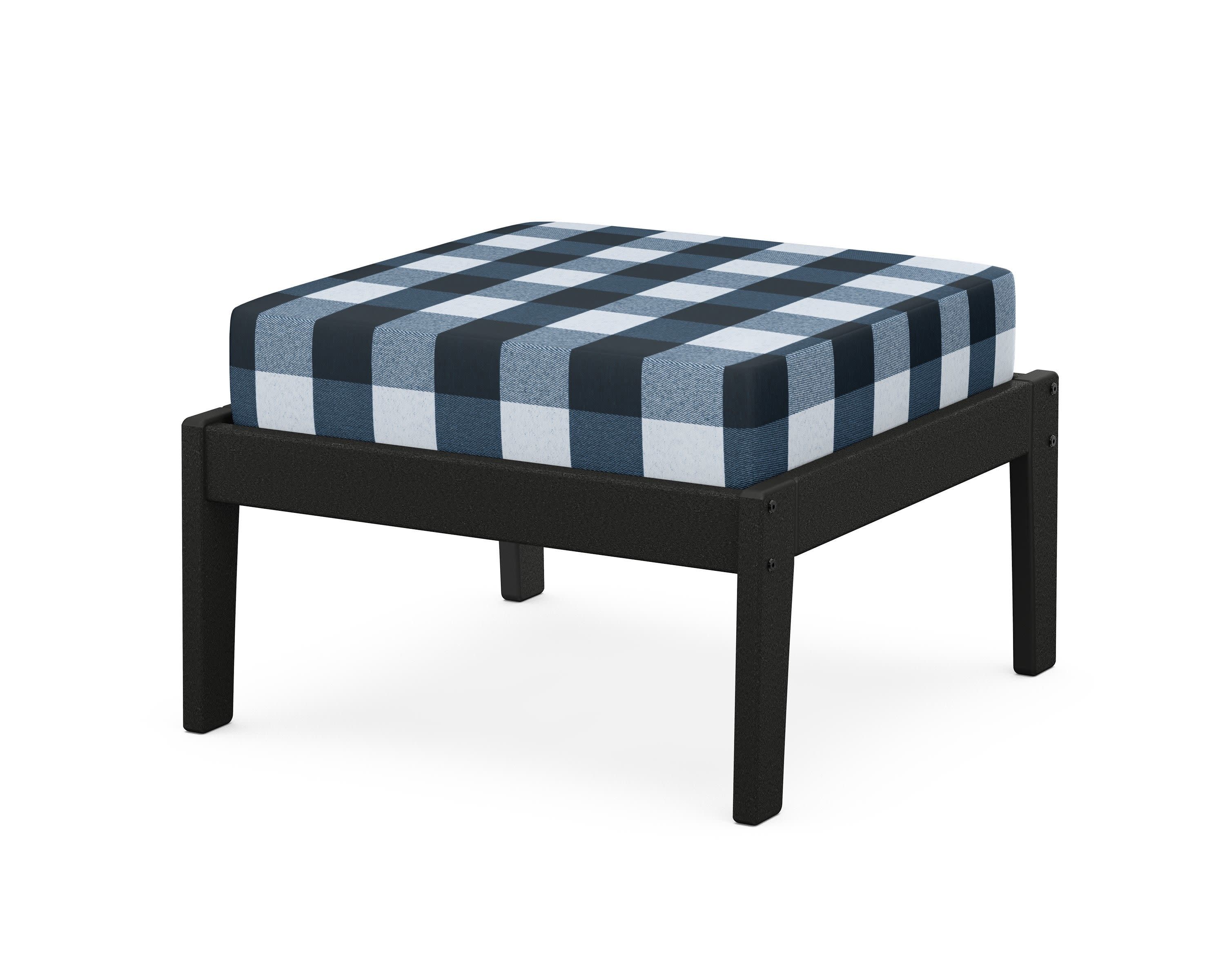 Deep Seating Ottoman in Black / Buffalo Plaid Marine Indigo