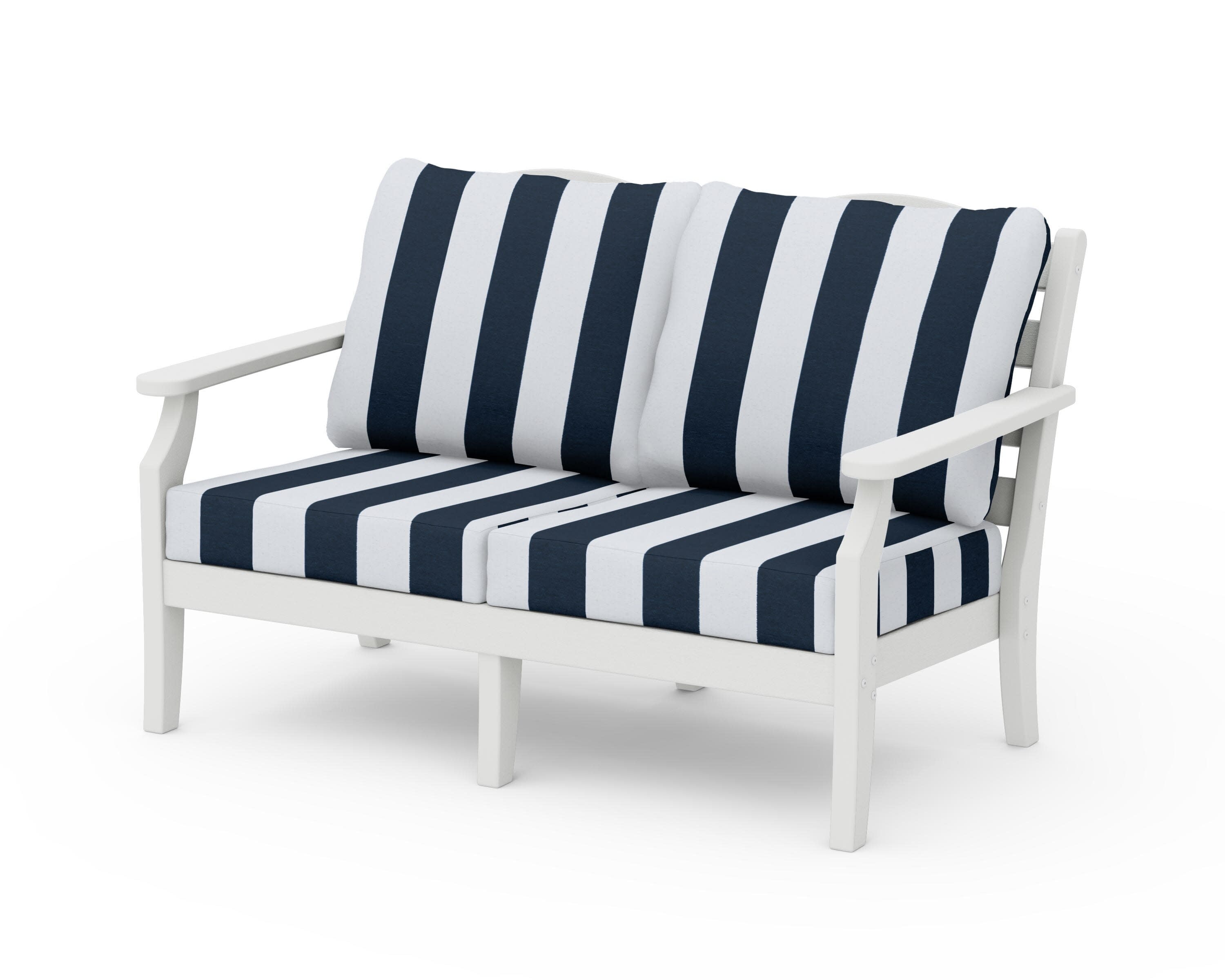 Savannah Deep Seating Loveseat in Vintage White / Cabana Stripe Marine Indigo
