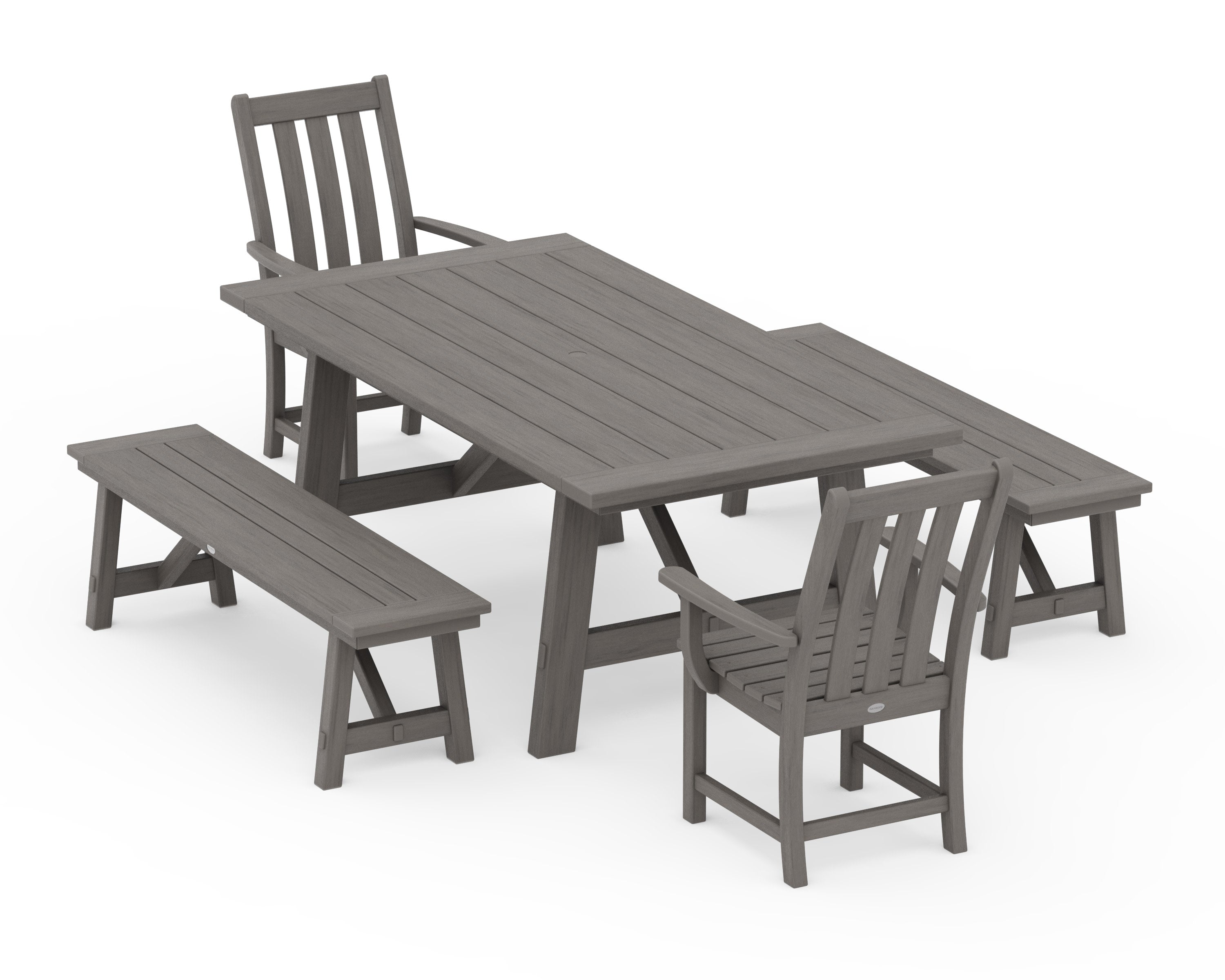 Vineyard 5-Piece Rustic Farmhouse Dining Set With Benches in Driftwood
