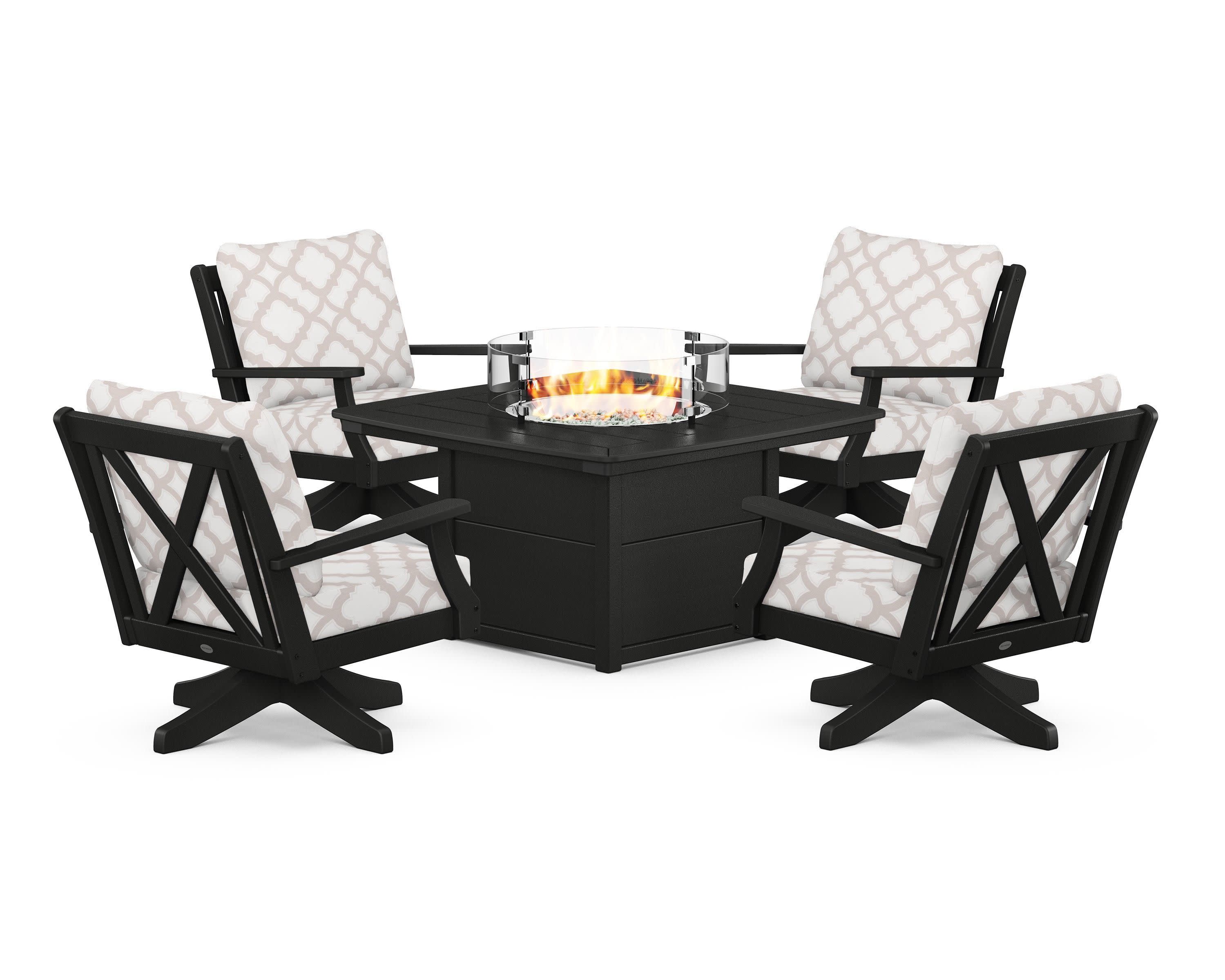 Braxton 5-Piece Deep Seating Swivel Conversation Set with Fire Pit Table in Black / Trellis Dune Burlap
