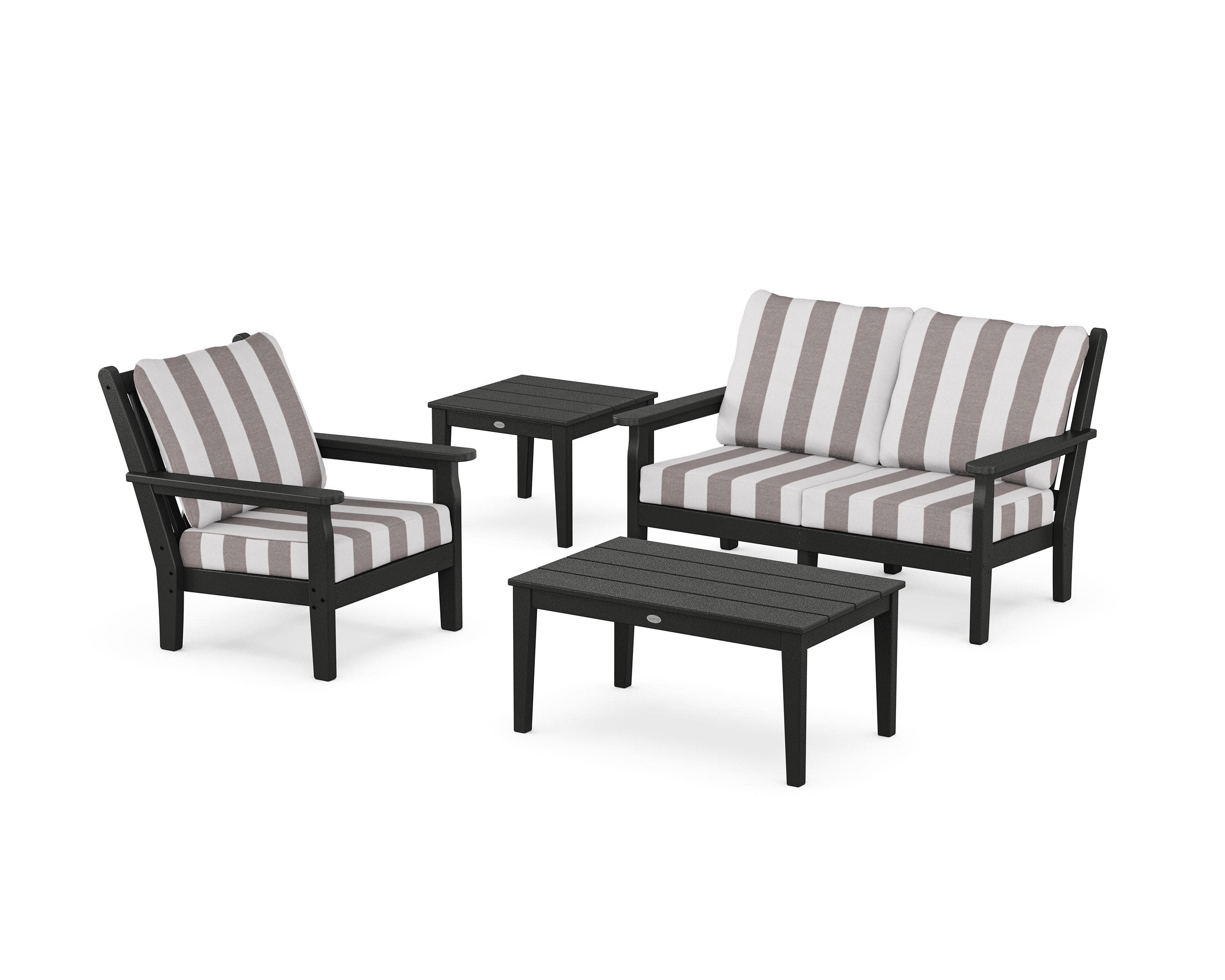 Chippendale 4-Piece Deep Seating Set in Black / Cabana Stripe Grey Mist