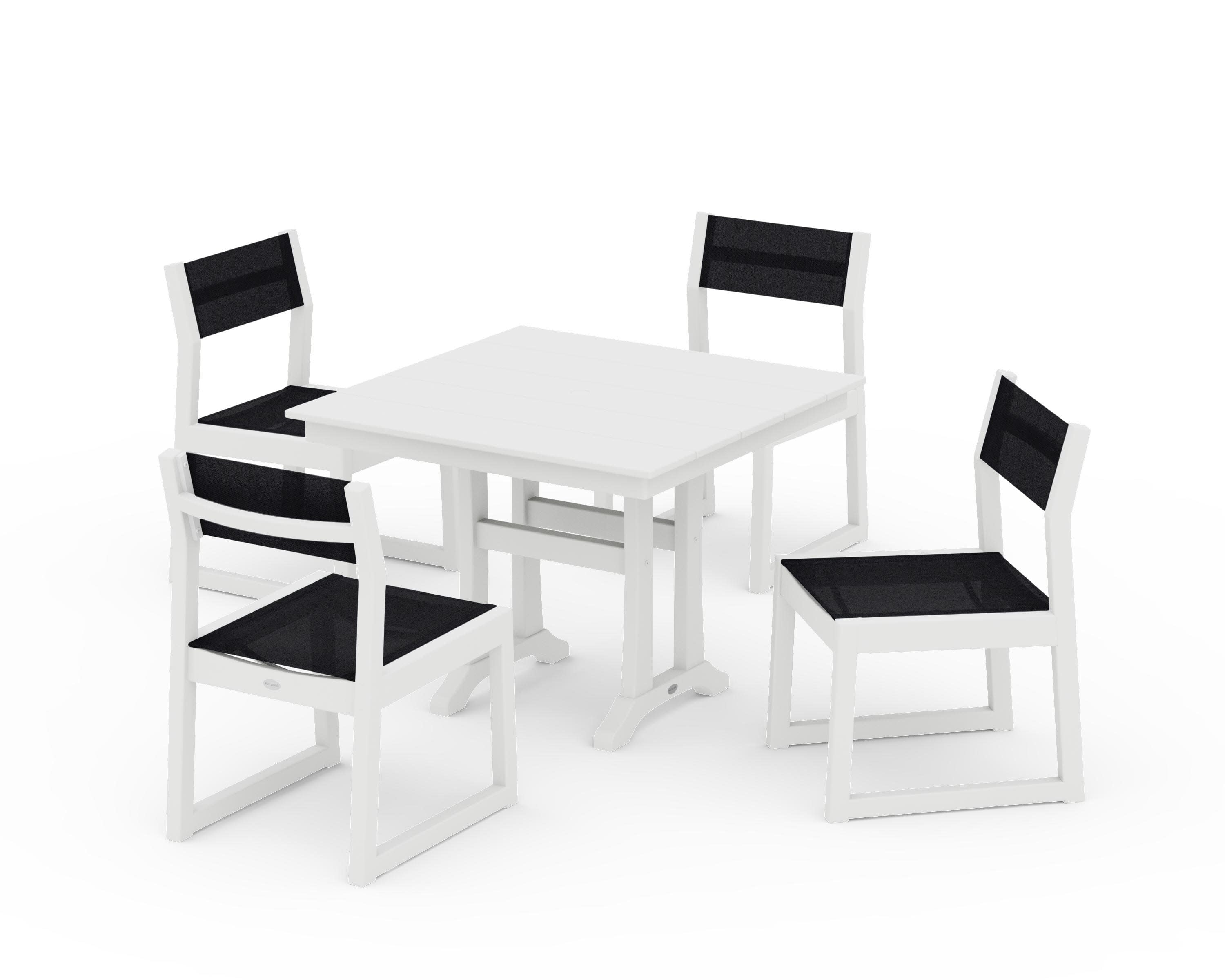 EDGE Sling 5-Piece Farmhouse Trestle Side Chair Dining Set in White / Black Sling