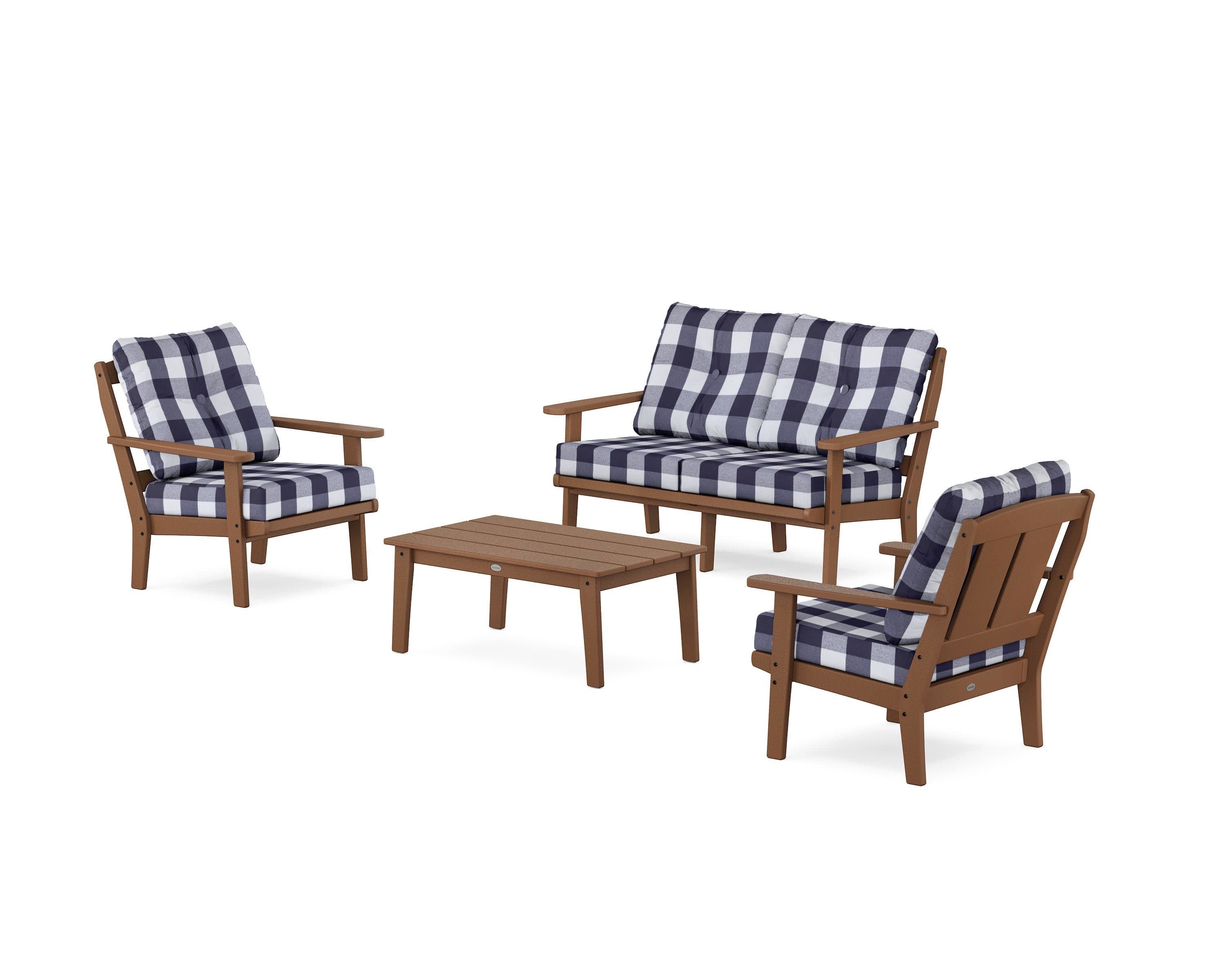 Mission 4-Piece Deep Seating Set with Loveseat in Teak / Buffalo Plaid Navy