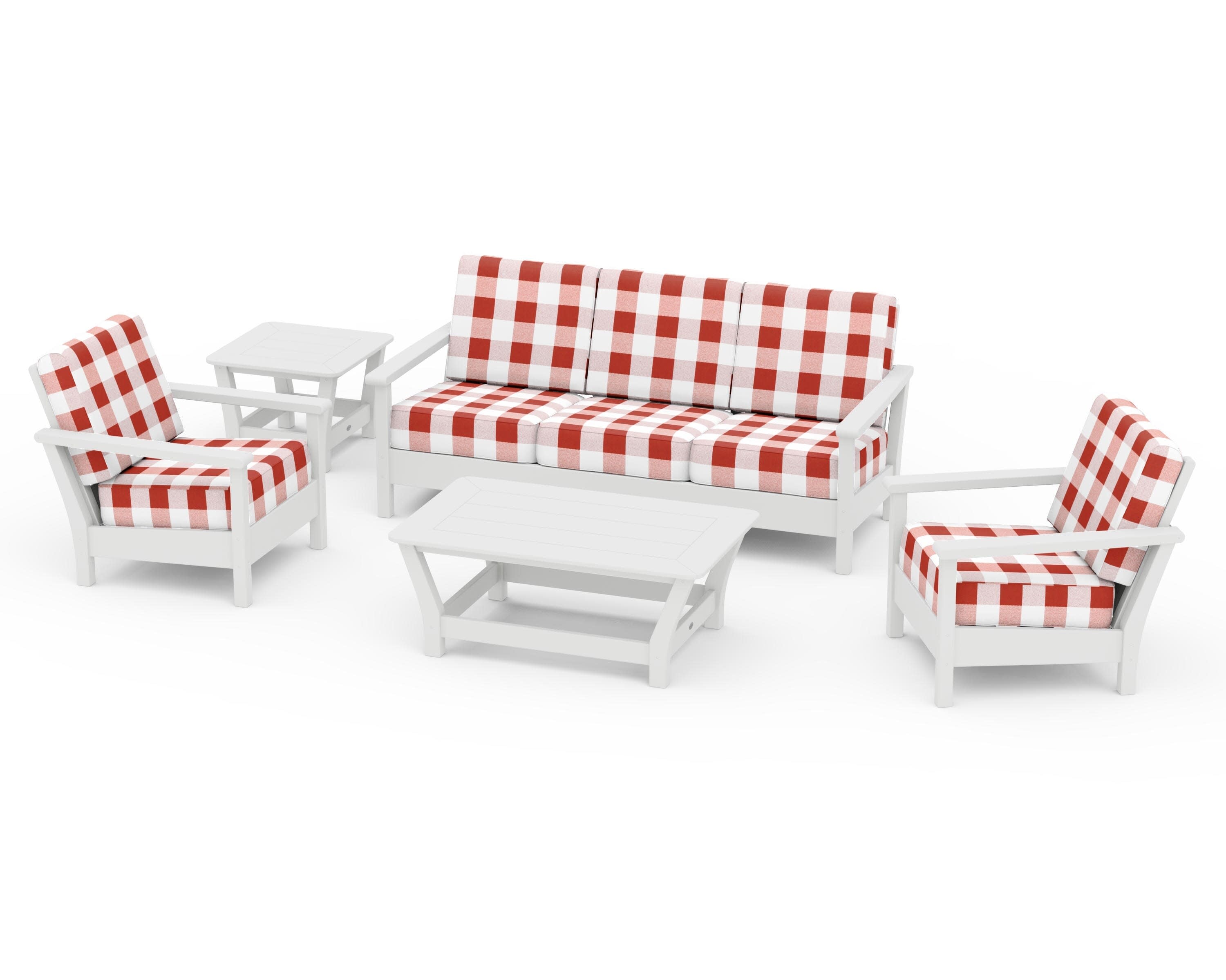 Harbour 5-Piece Deep Seating Set in White / Buffalo Plaid Crimson