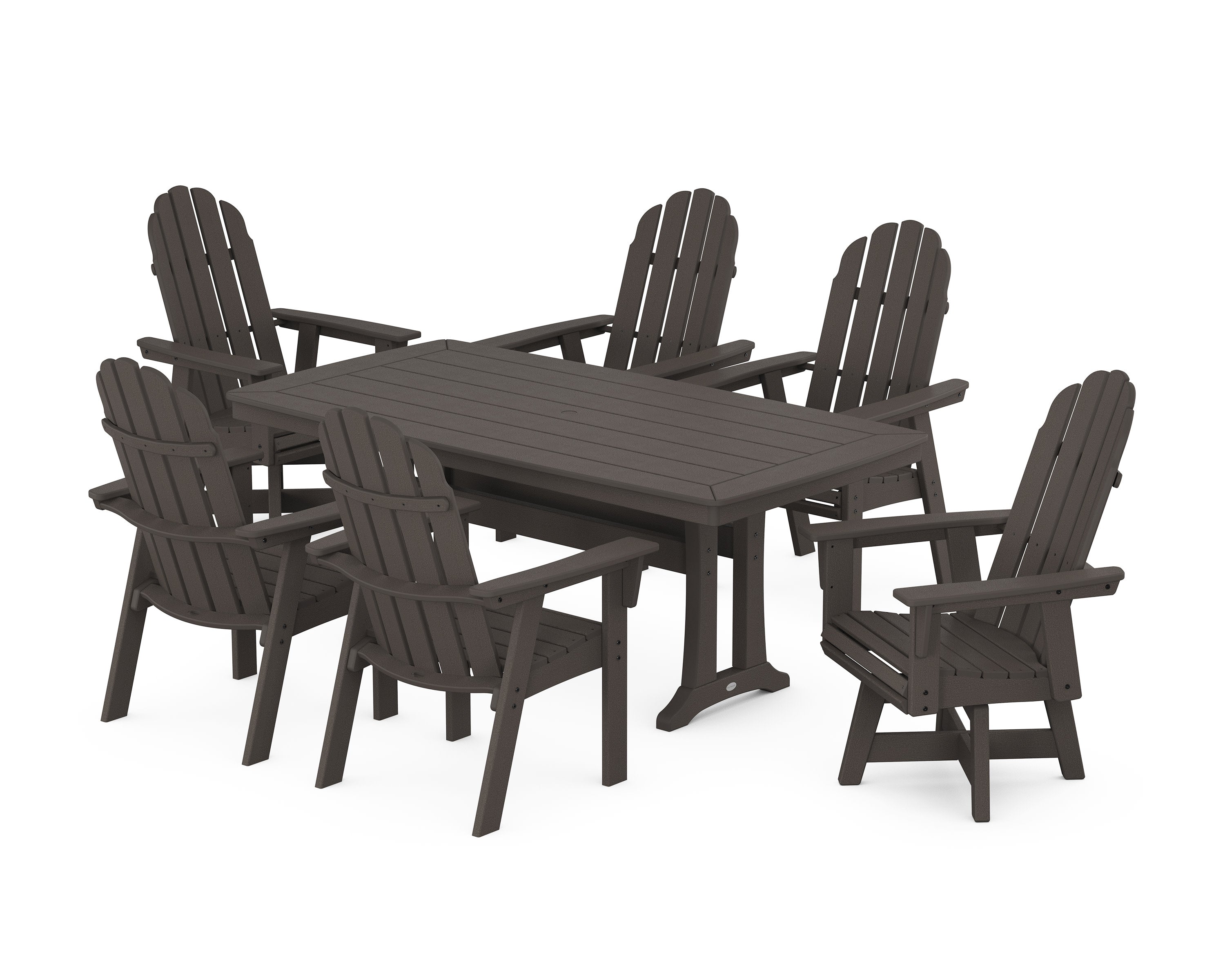 Vineyard Curveback Adirondack Swivel Chair 7-Piece Dining Set with Trestle Legs in Vintage Coffee