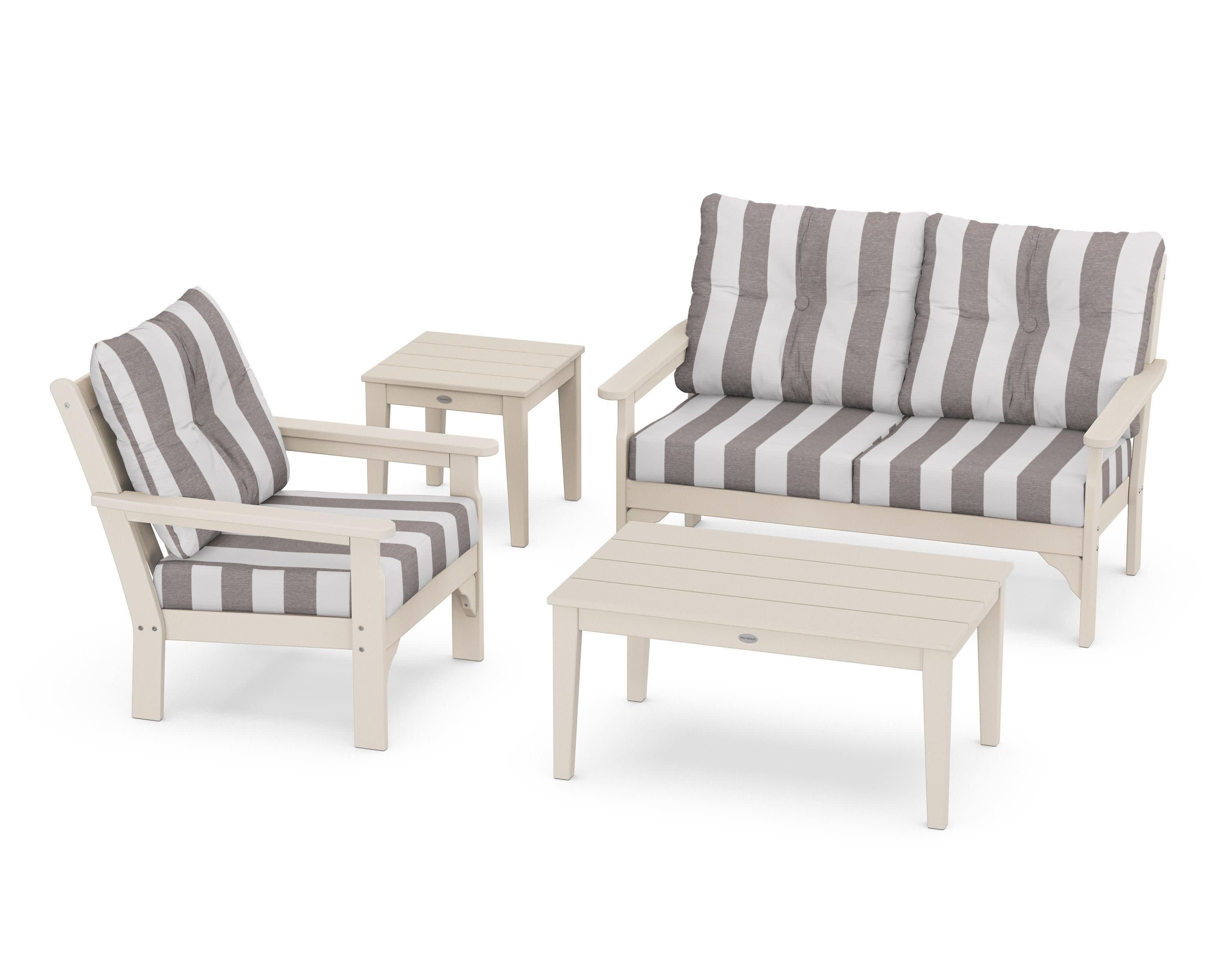 Vineyard 4-Piece Deep Seating Set in Sand / Cabana Stripe Grey Mist