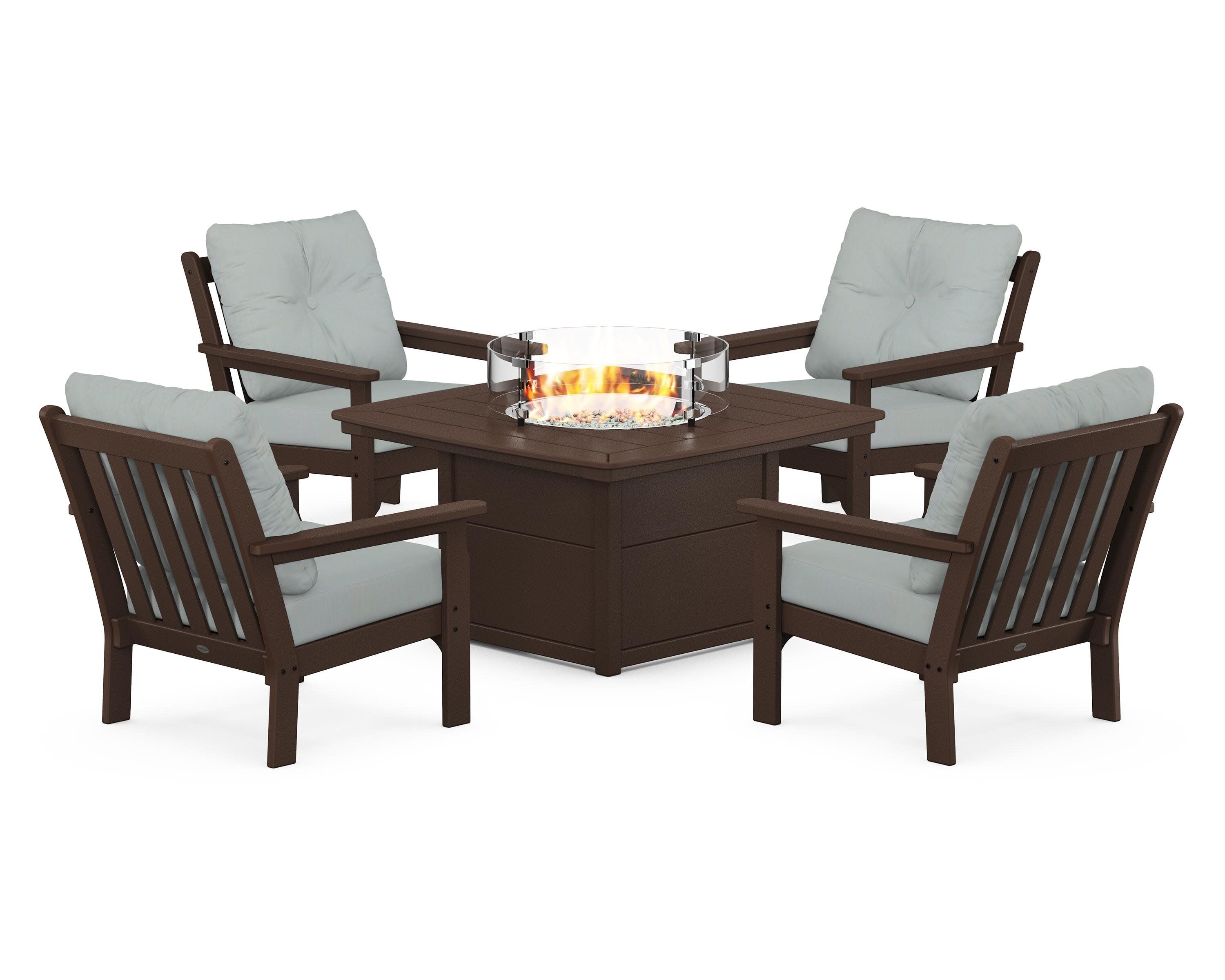 Vineyard 5-Piece Conversation Set with Fire Pit Table in Mahogany / Spa