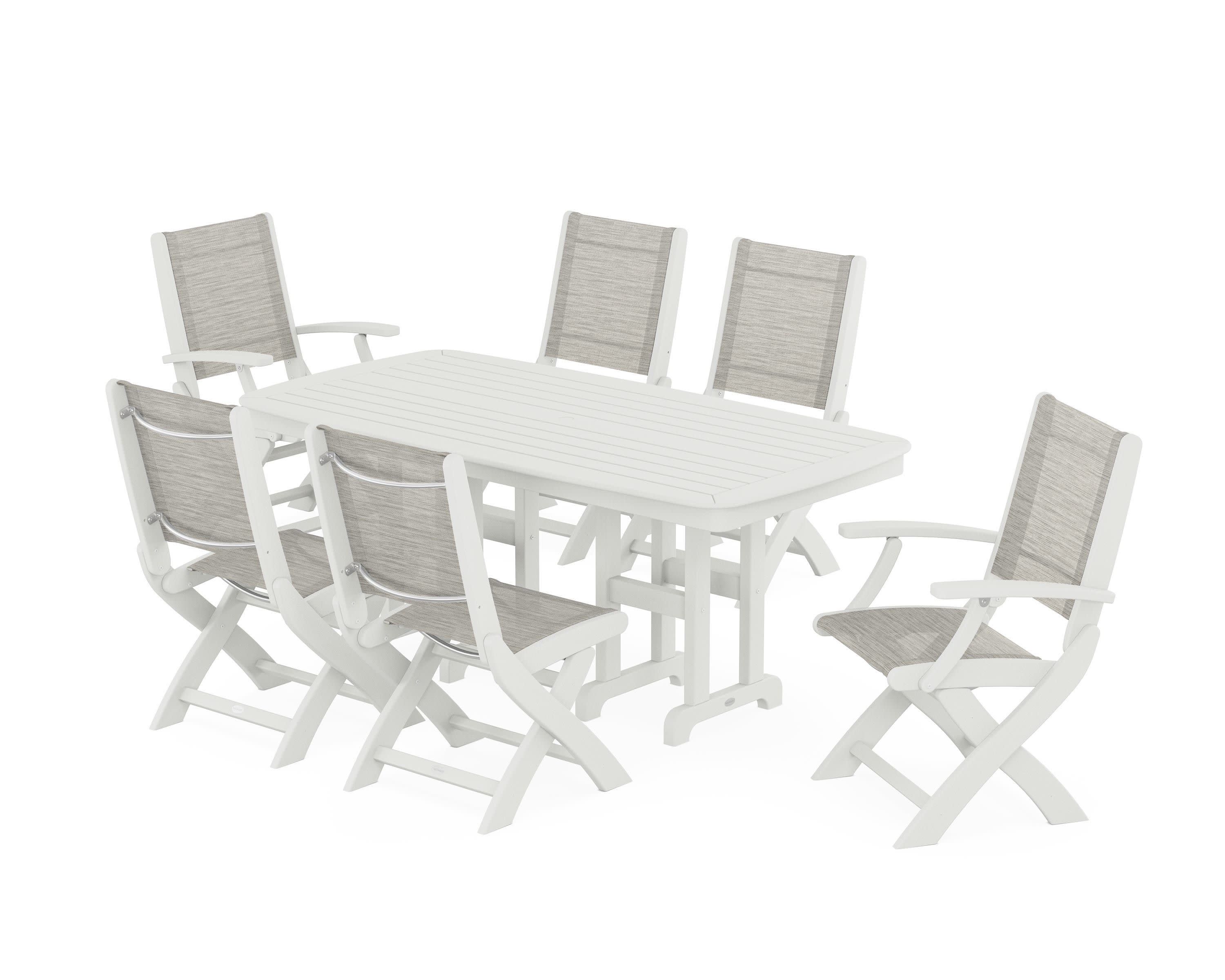 Coastal Folding Chair 7-Piece Dining Set in Vintage White / Birch Sling