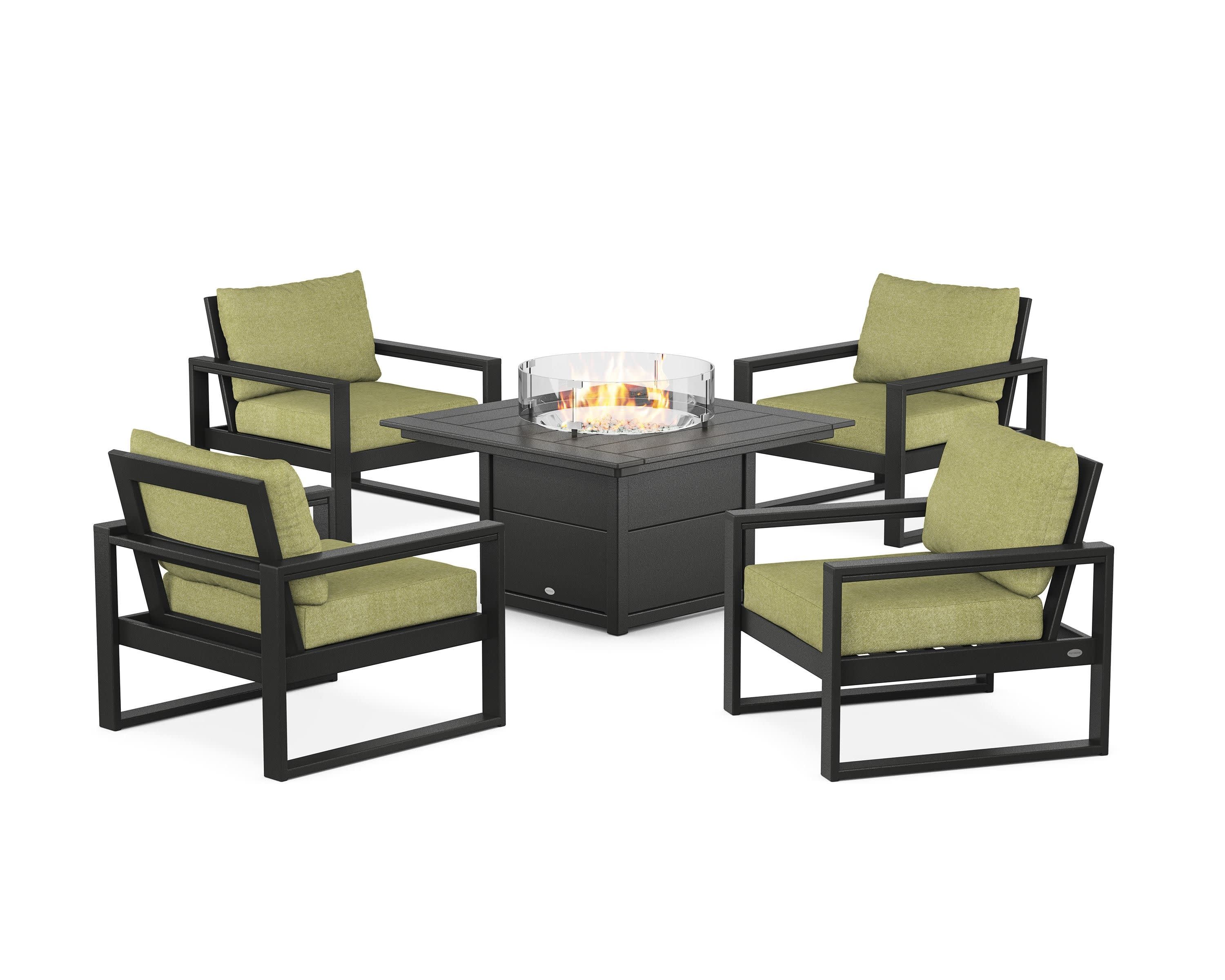 EDGE Sectional 5-Piece Deep Seating Set with Fire Pit Table in Black / Chartreuse Boucle