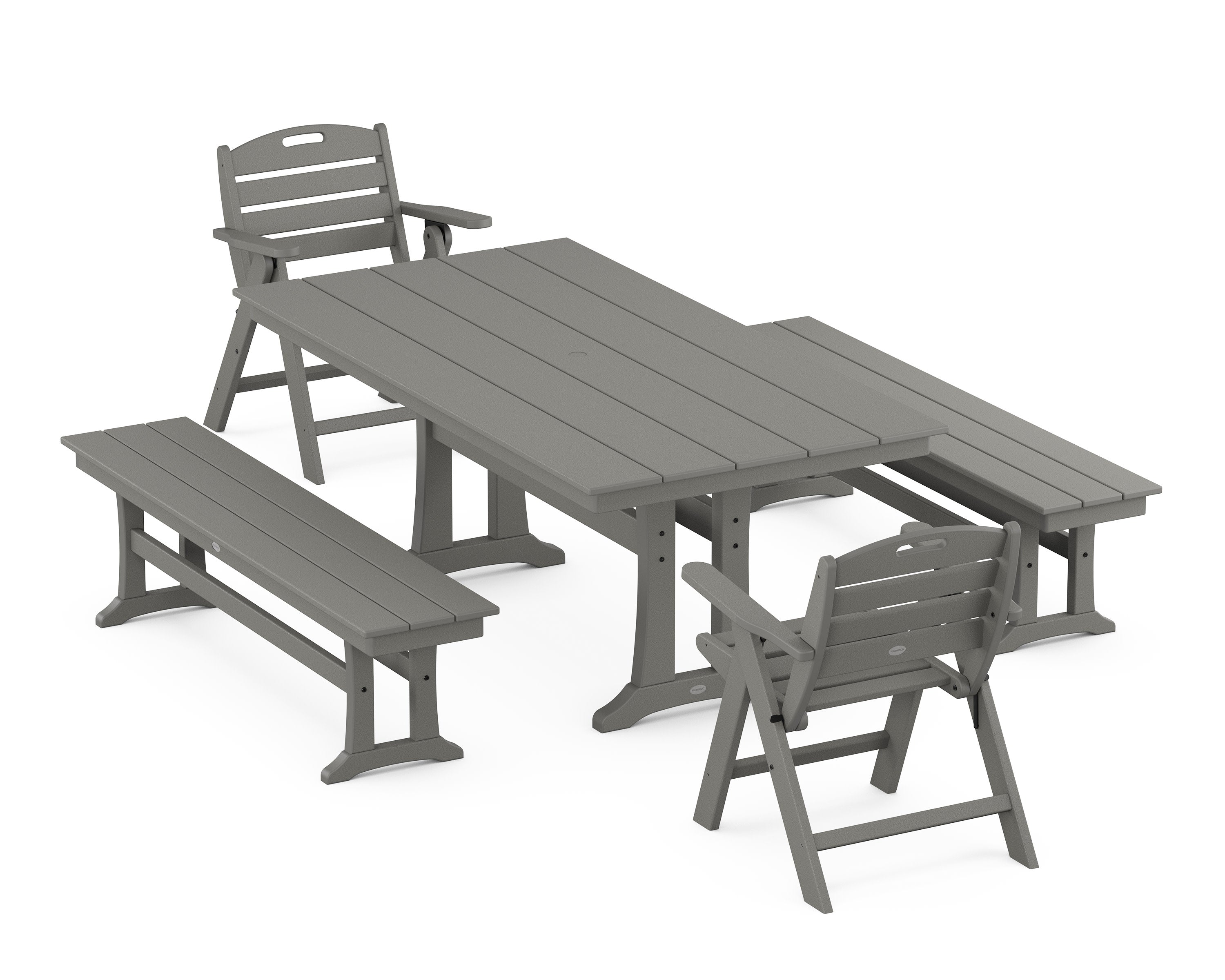 Nautical Folding Lowback Chair 5-Piece Farmhouse Dining Set With Trestle Legs in Slate Grey