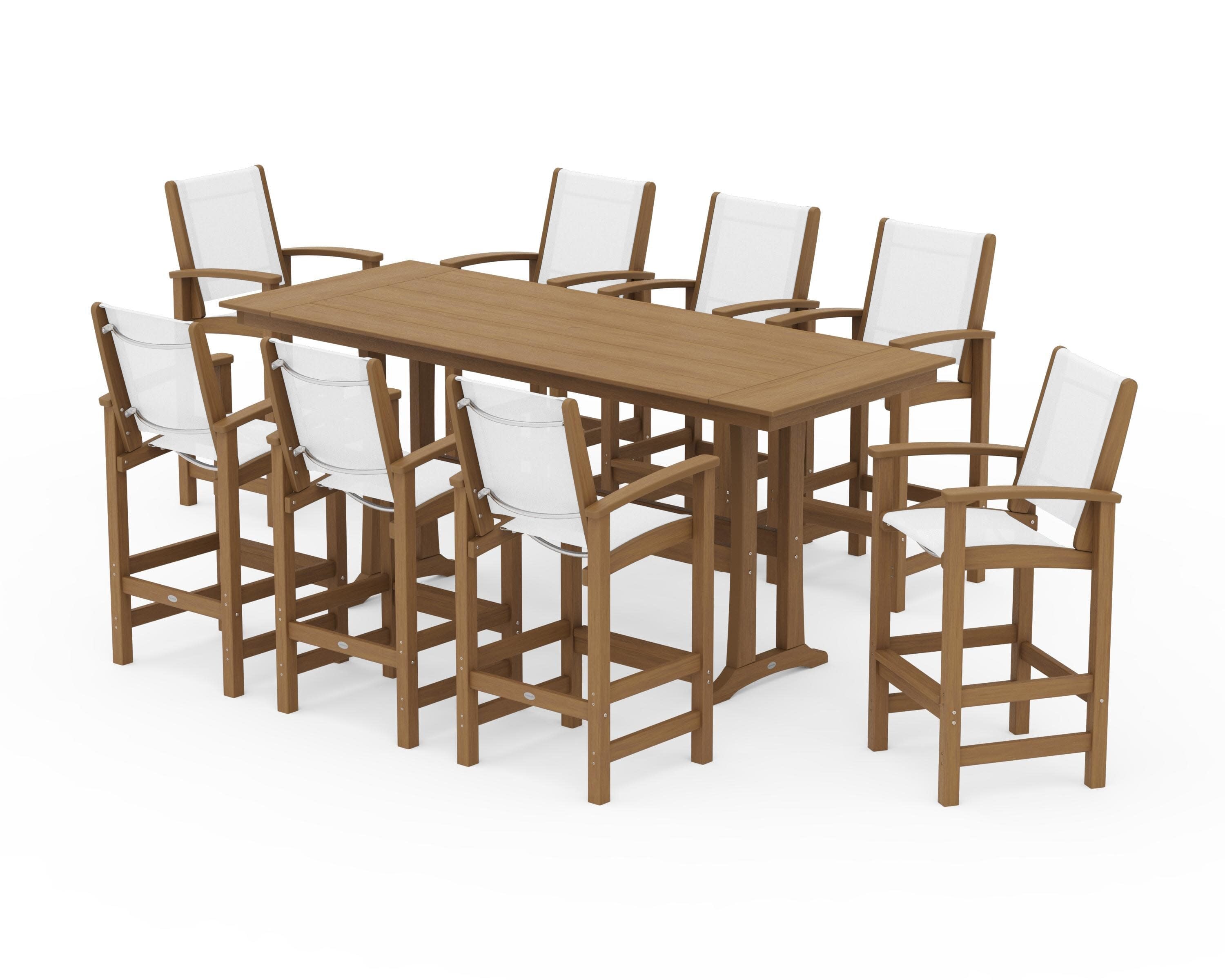 Coastal 9-Piece Farmhouse Bar Set with Trestle Legs in Natural / White Sling