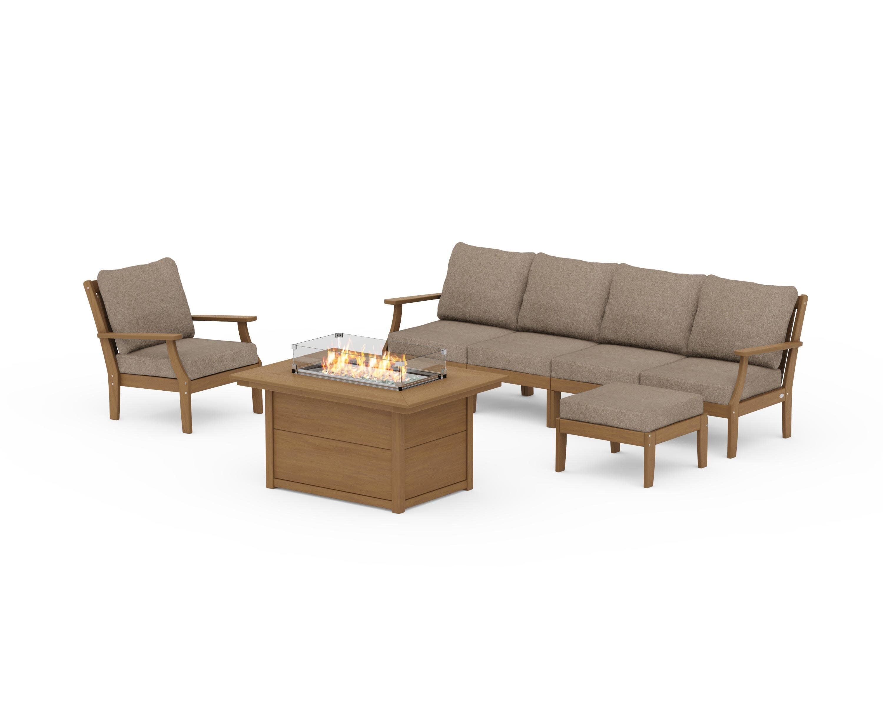 Braxton Sectional Lounge and Fire Pit Set in Natural / Spiced Burlap