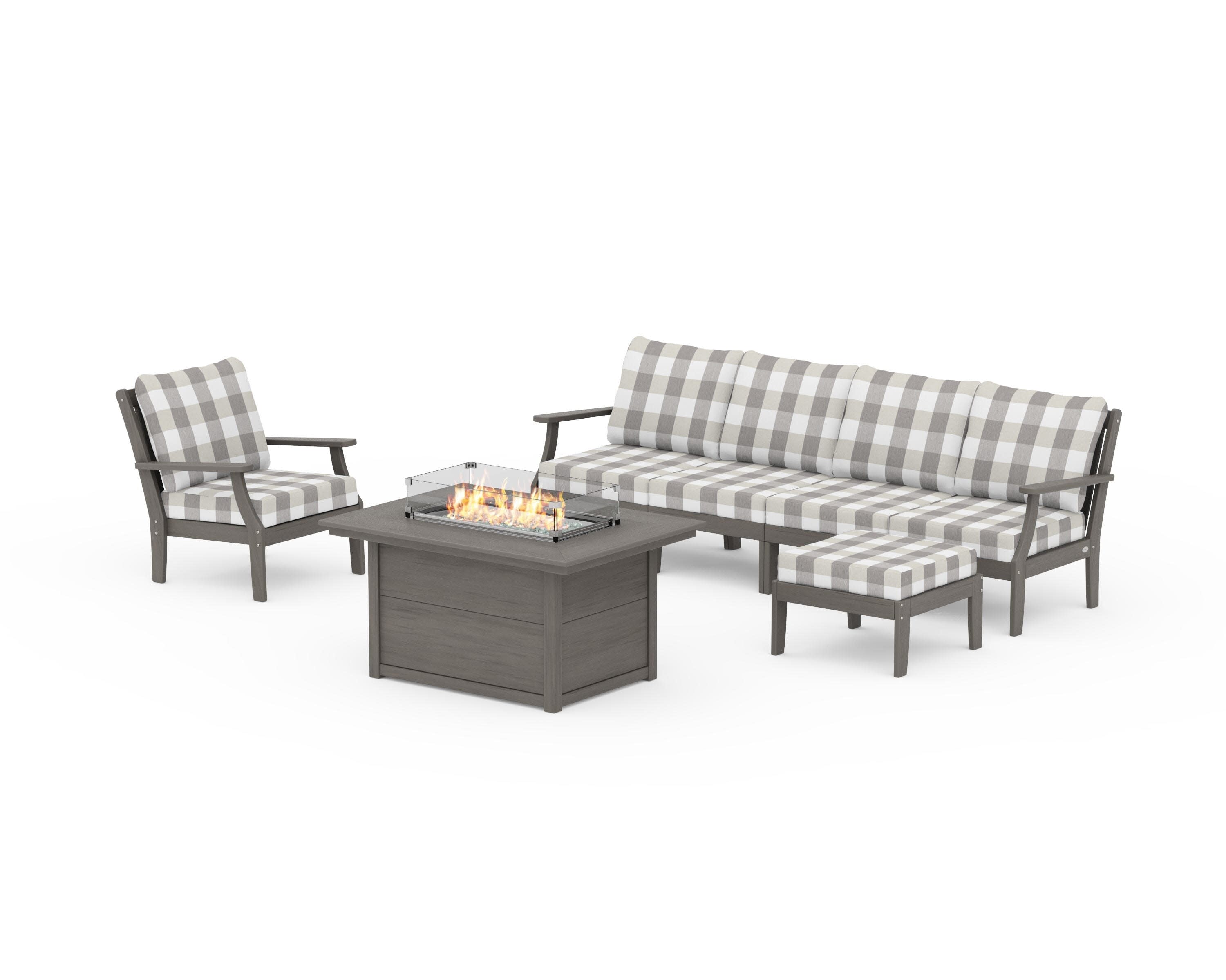 Braxton Sectional Lounge and Fire Pit Set in Driftwood / Buffalo Plaid Grey Mist