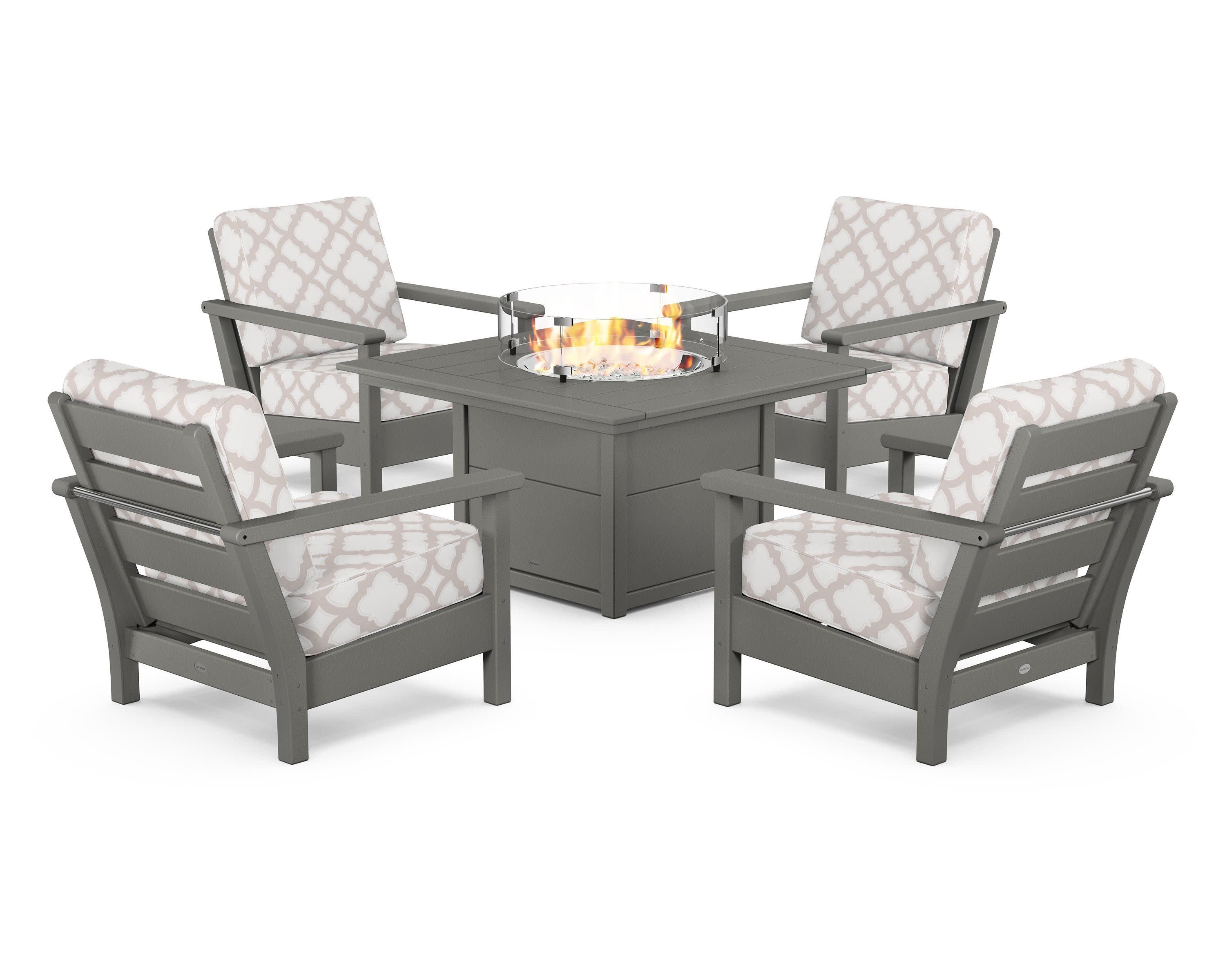 Harbour 5-Piece Conversation Set with Fire Pit Table in Slate Grey / Trellis Dune Burlap