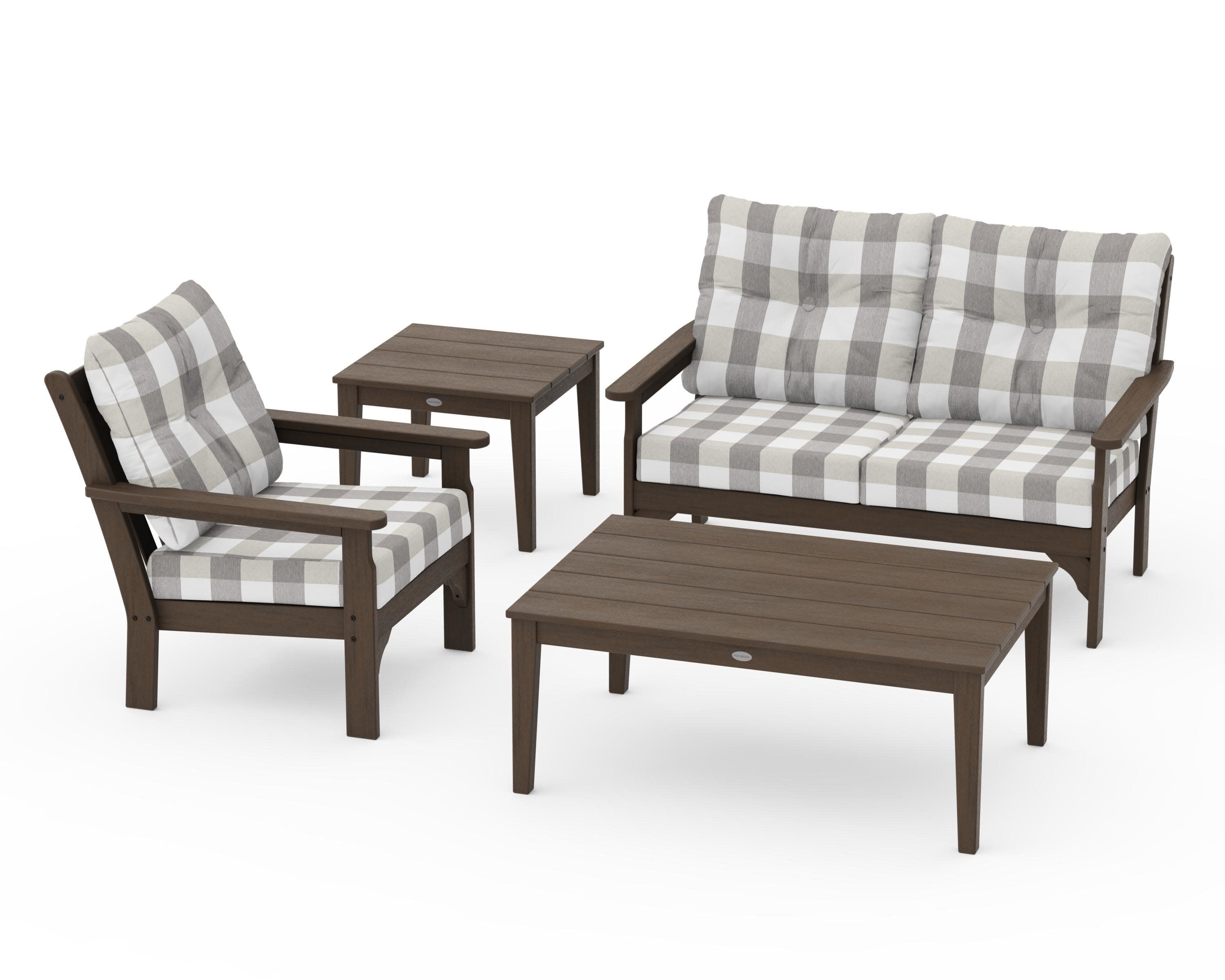 Vineyard 4-Piece Deep Seating Set in Kona / Buffalo Plaid Grey Mist