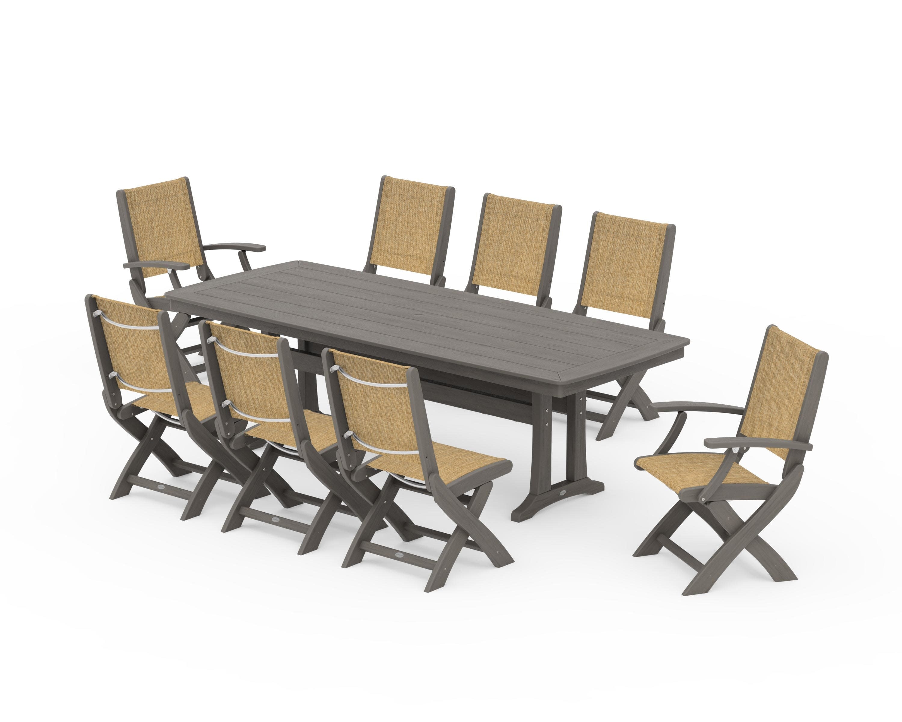 Coastal Folding 9-Piece Dining Set with Trestle Legs in Driftwood / Burlap Sling