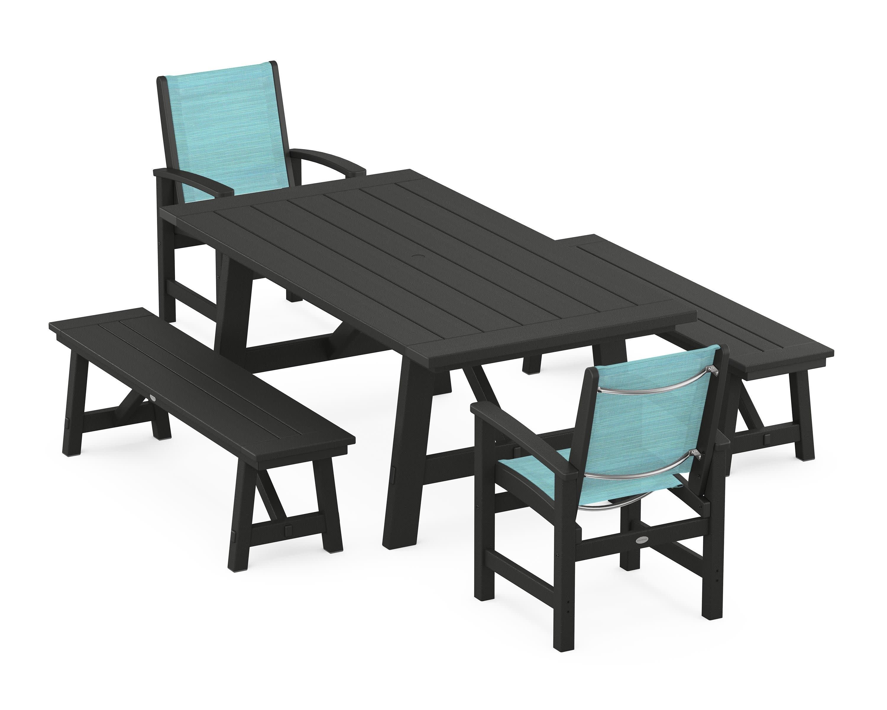 Coastal 5-Piece Rustic Farmhouse Dining Set With Benches in Black / Dupioni Aquamarine Sling