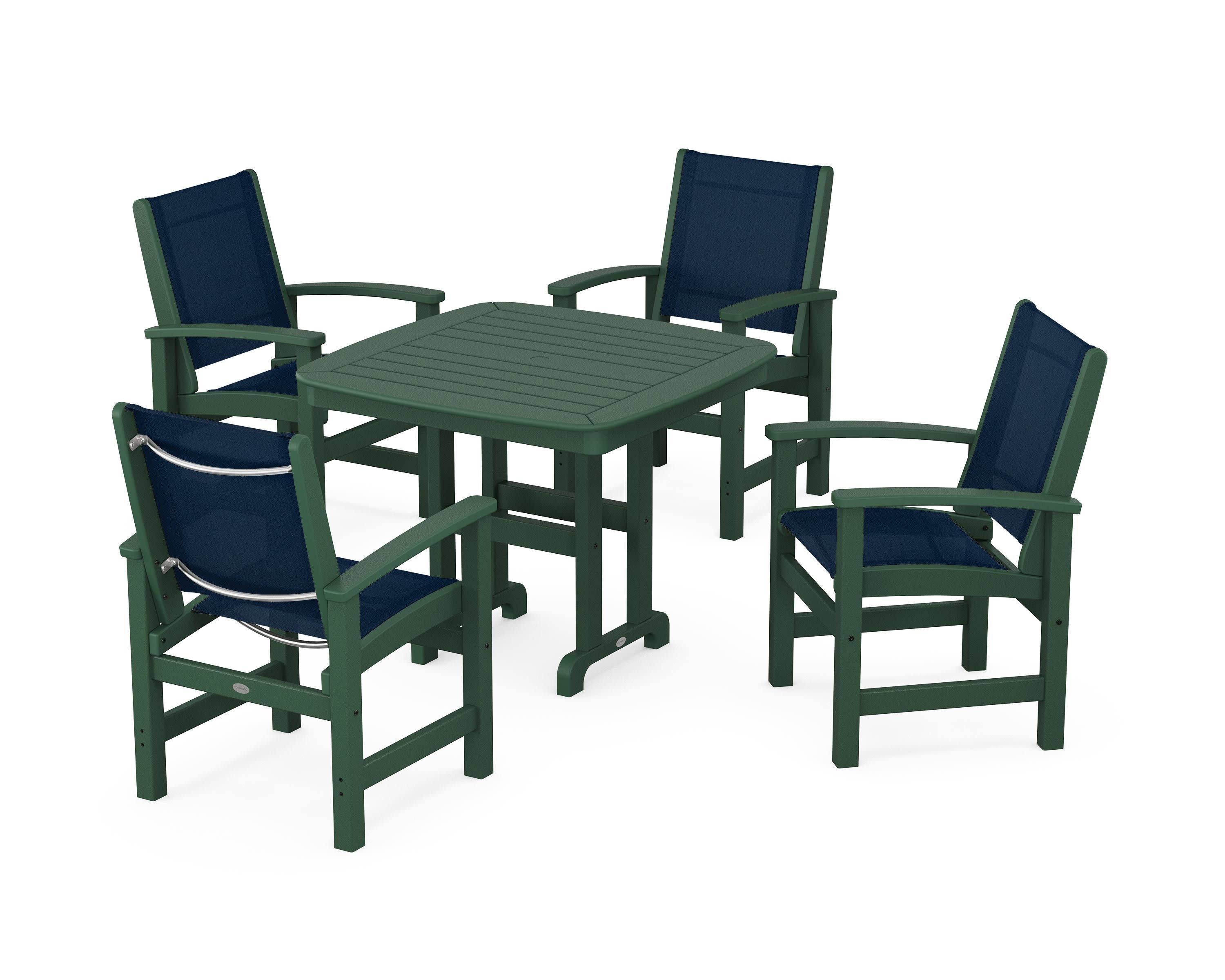 Coastal 5-Piece Dining Set in Green / Navy Blue Sling