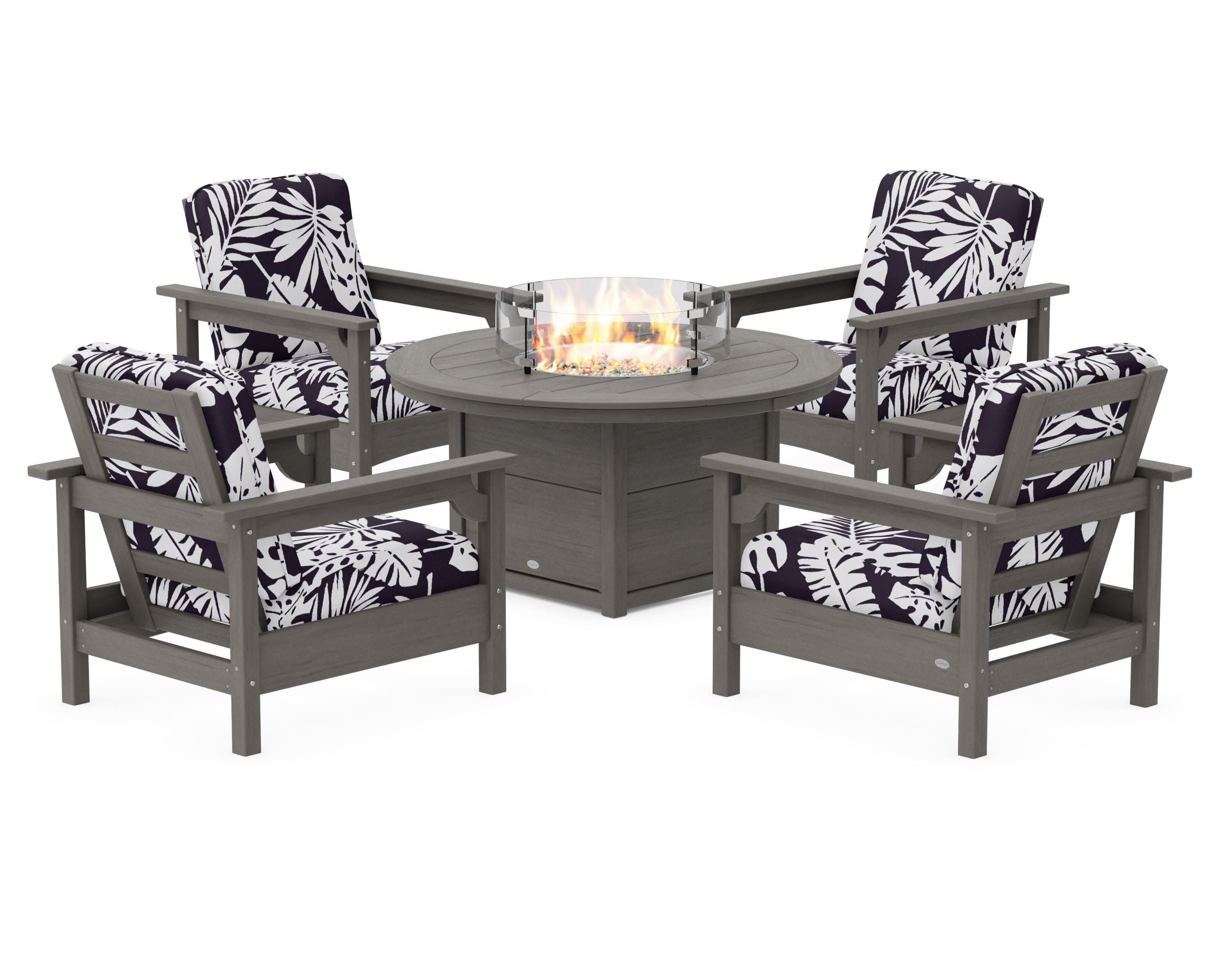 Club 5-Piece Conversation Set with Fire Pit Table in Driftwood / Leaf Navy