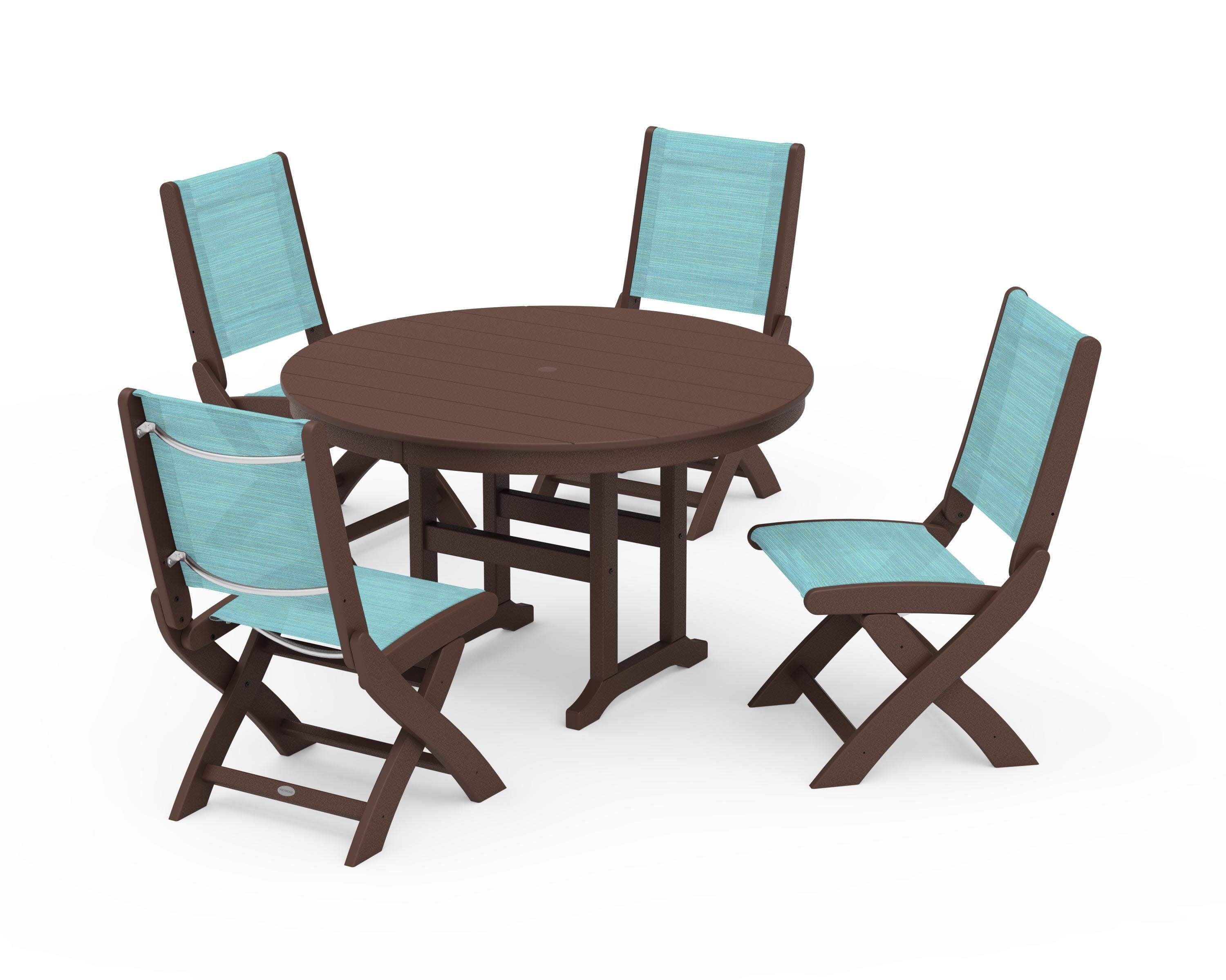 Coastal Folding Side Chair 5-Piece Round Dining Set in Mahogany / Dupioni Aquamarine Sling