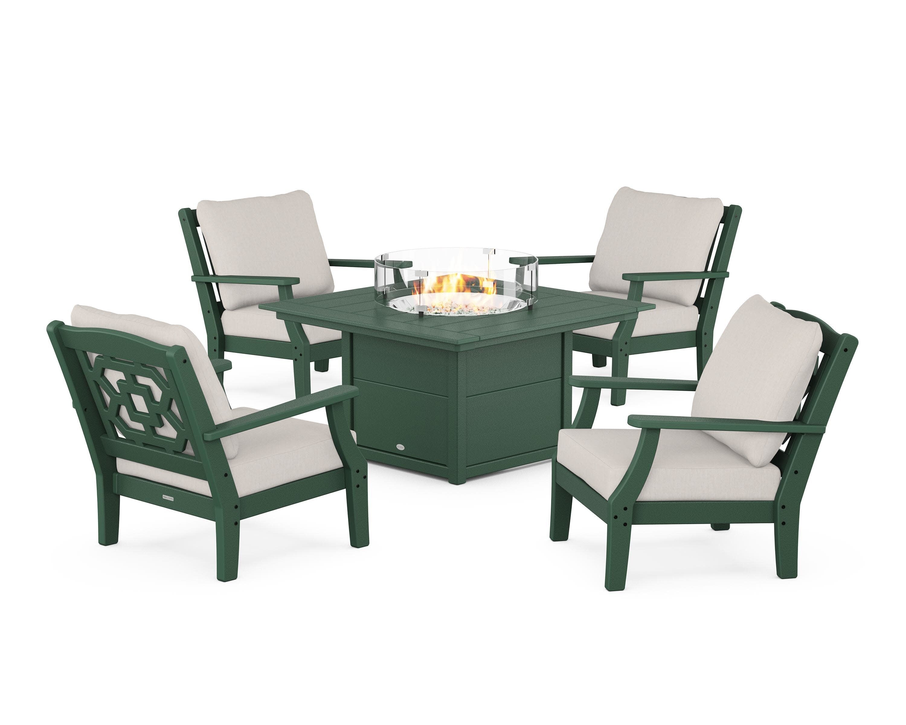 Chinoiserie 5-Piece Deep Seating Set with Fire Pit Table in Green / Cast Ash