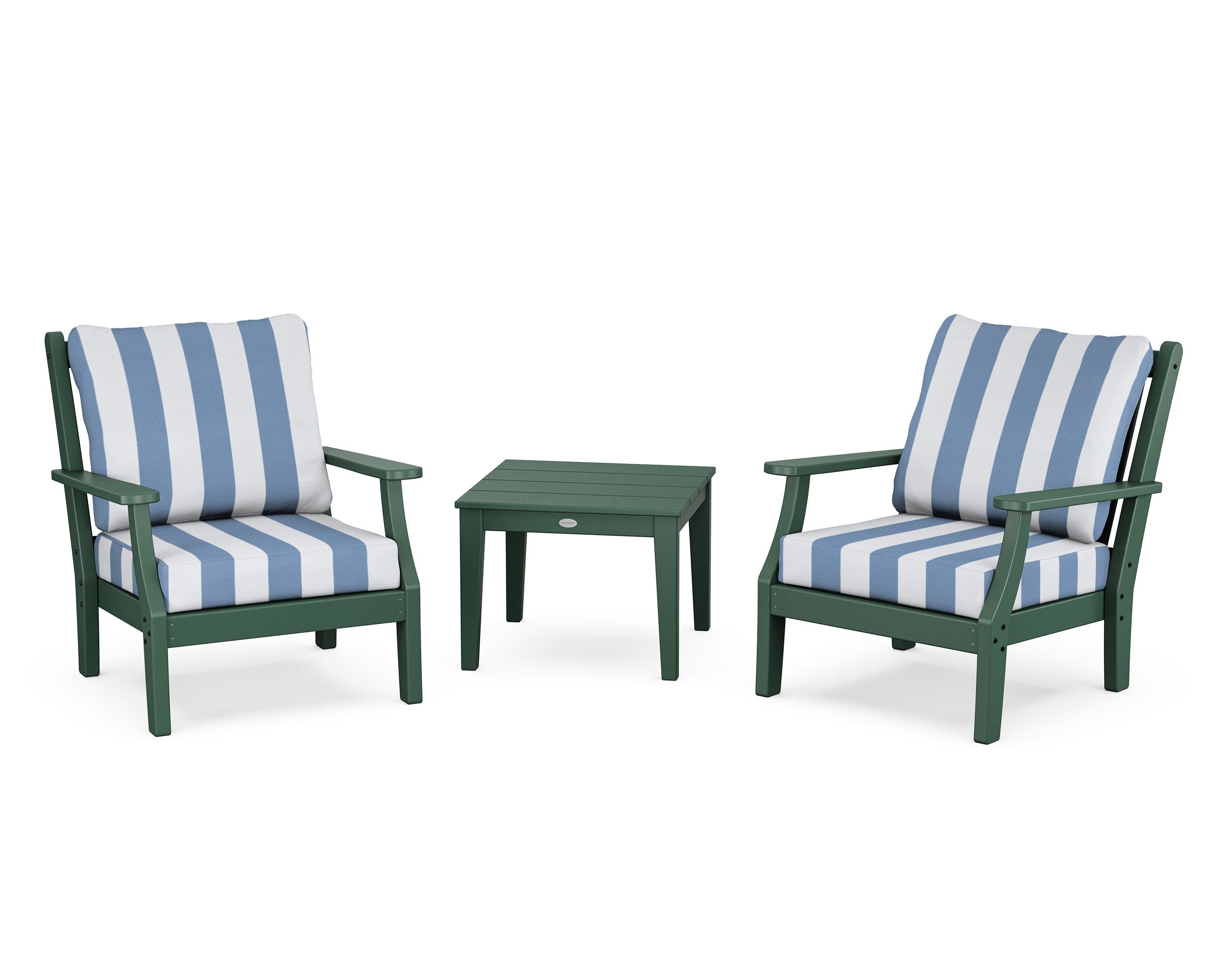 Wovendale 3-Piece Deep Seating Set in Green / Cabana Stripe Sky Blue
