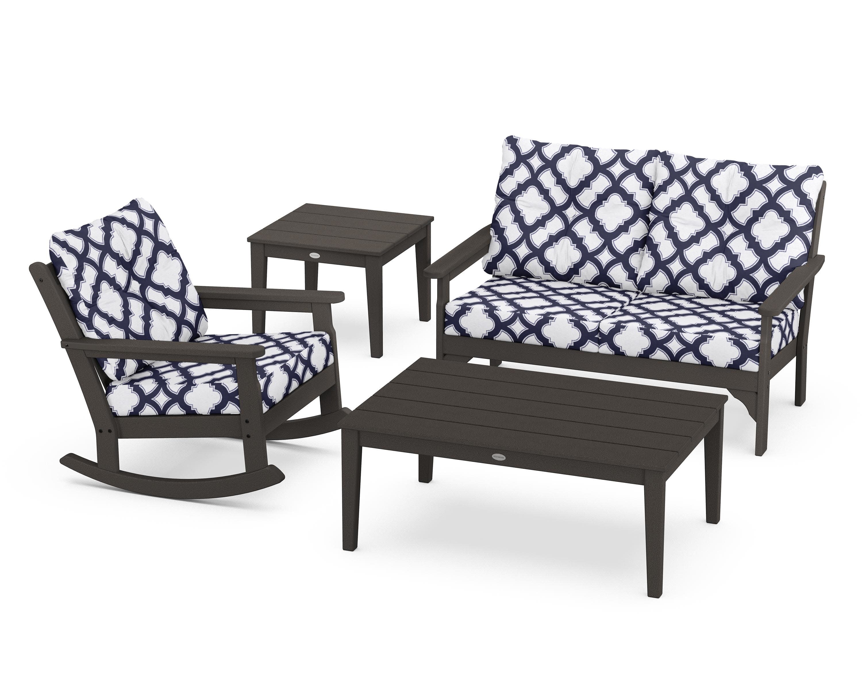 Vineyard 4-Piece Deep Seating Rocker Set in Vintage Coffee / Trellis Navy