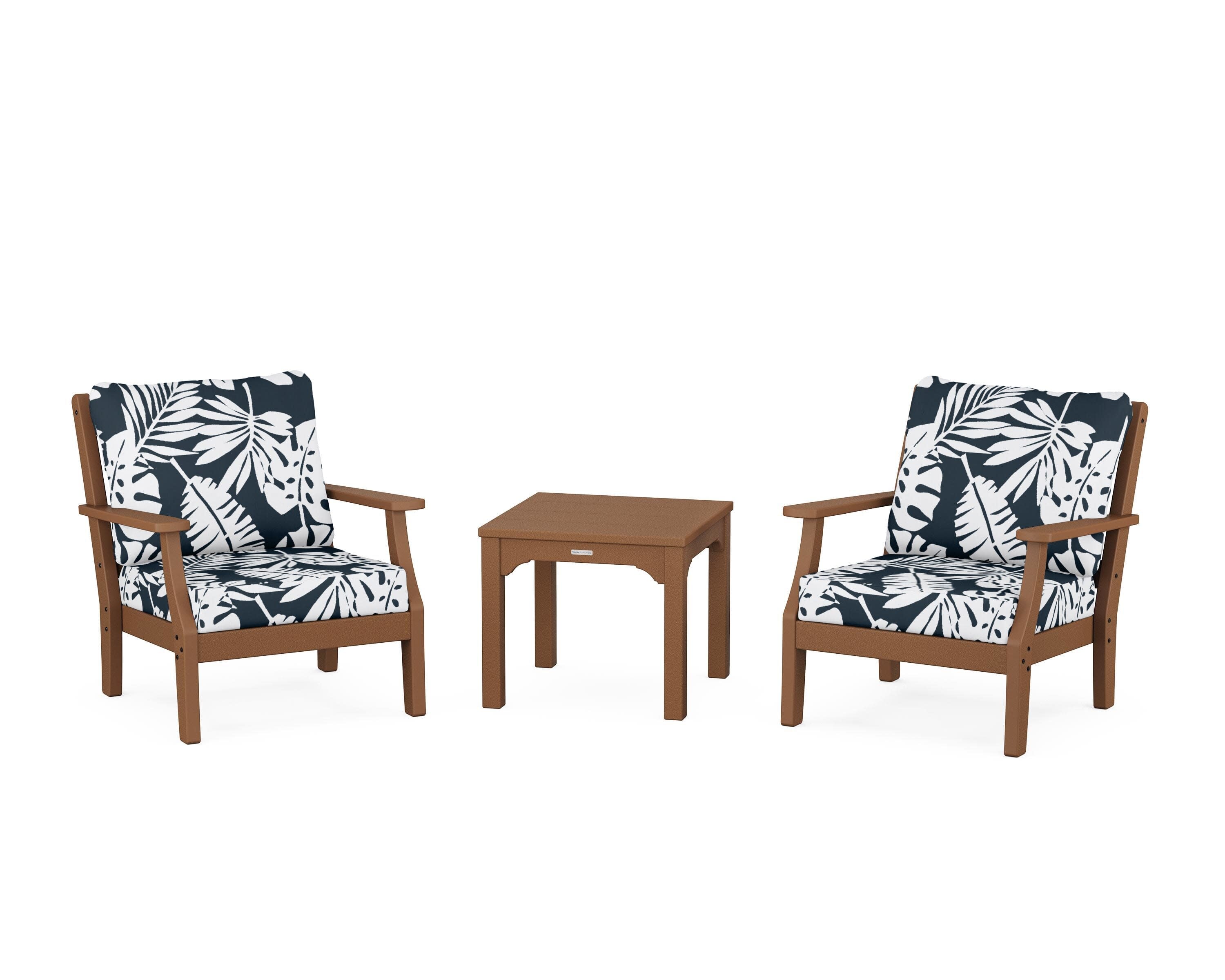 Chinoiserie 3-Piece Deep Seating Set in Teak / Leaf Marine Indigo