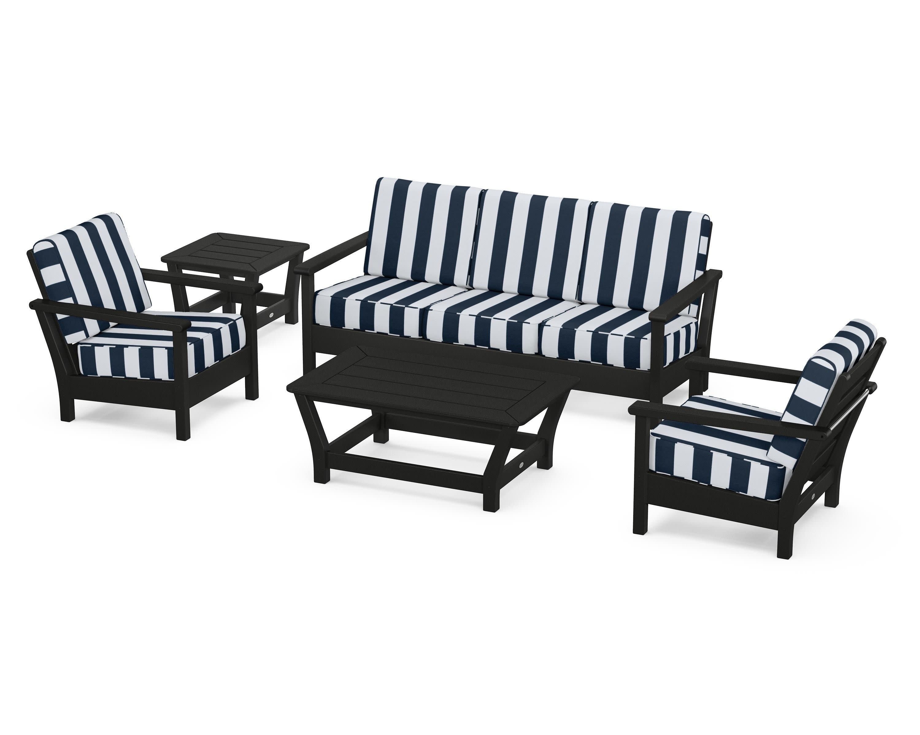 Harbour 5-Piece Deep Seating Set in Black / Cabana Stripe Marine Indigo