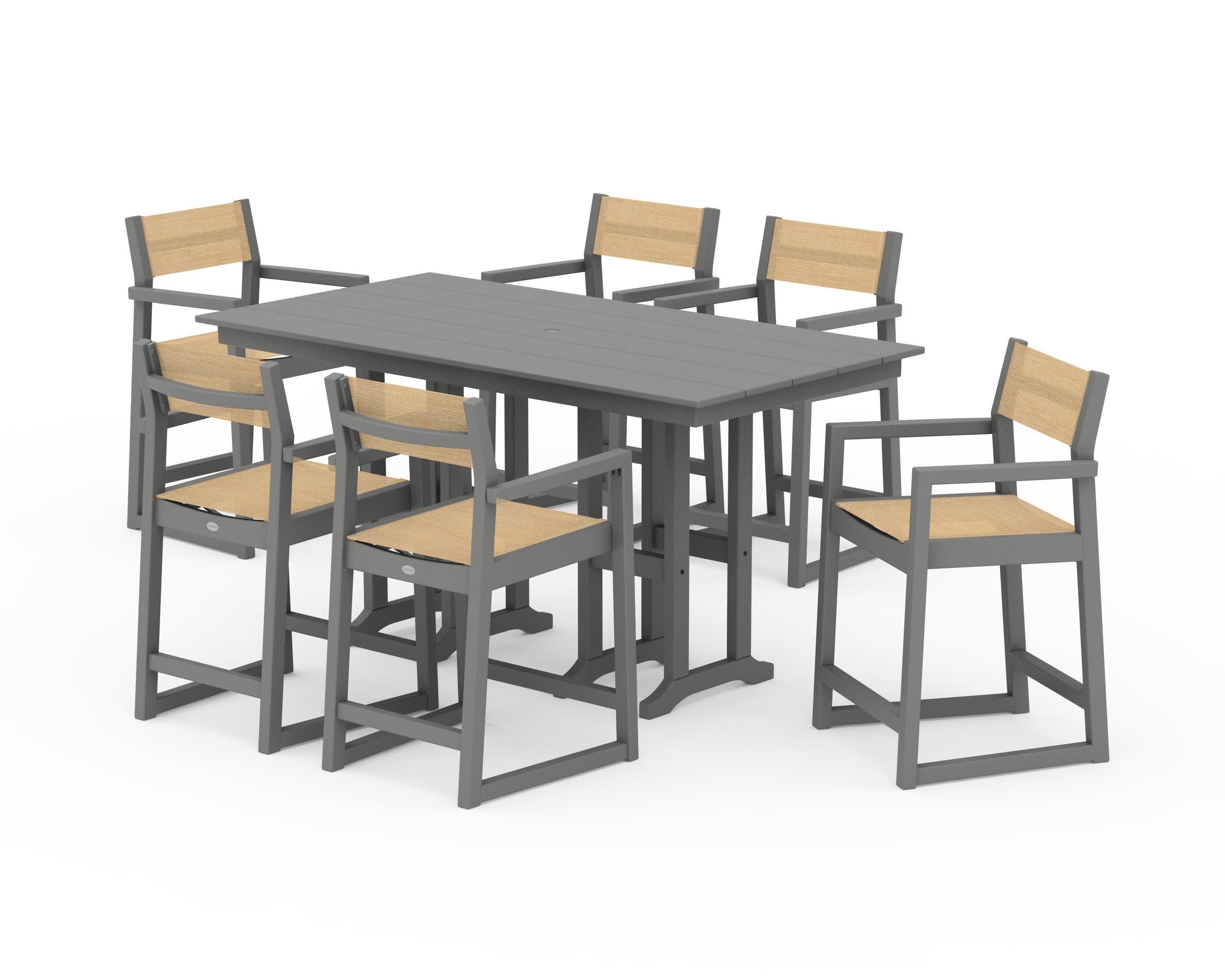 EDGE Sling Arm Chair 7-Piece Farmhouse Counter Set in Slate Grey / Dupioni Apricot Sling