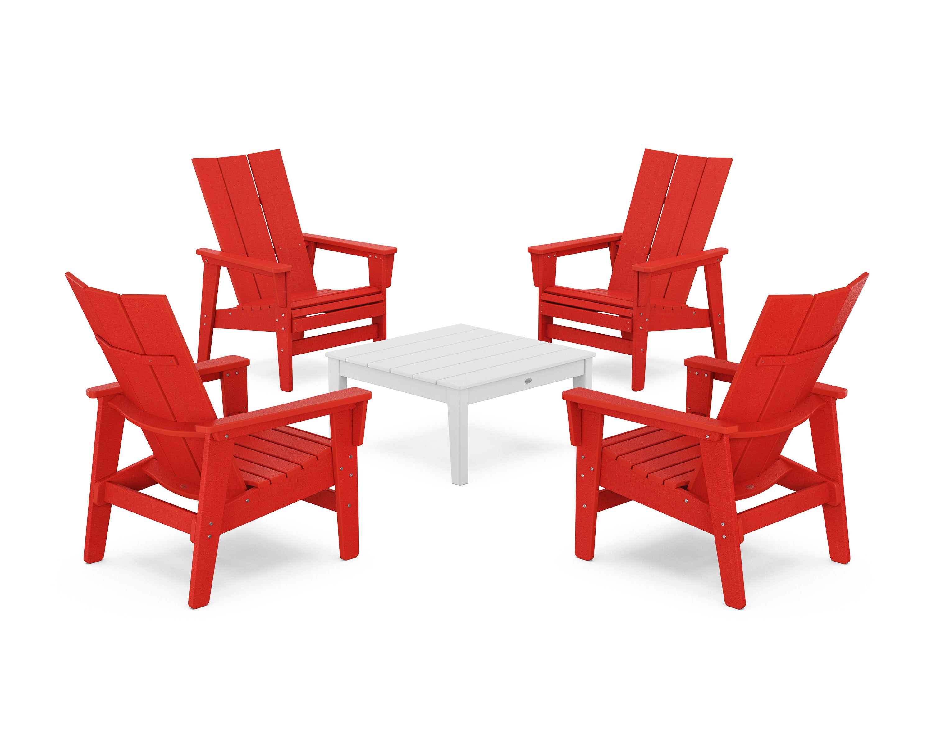 5-Piece Modern Grand Upright Adirondack Chair Conversation Group in Sunset Red / White