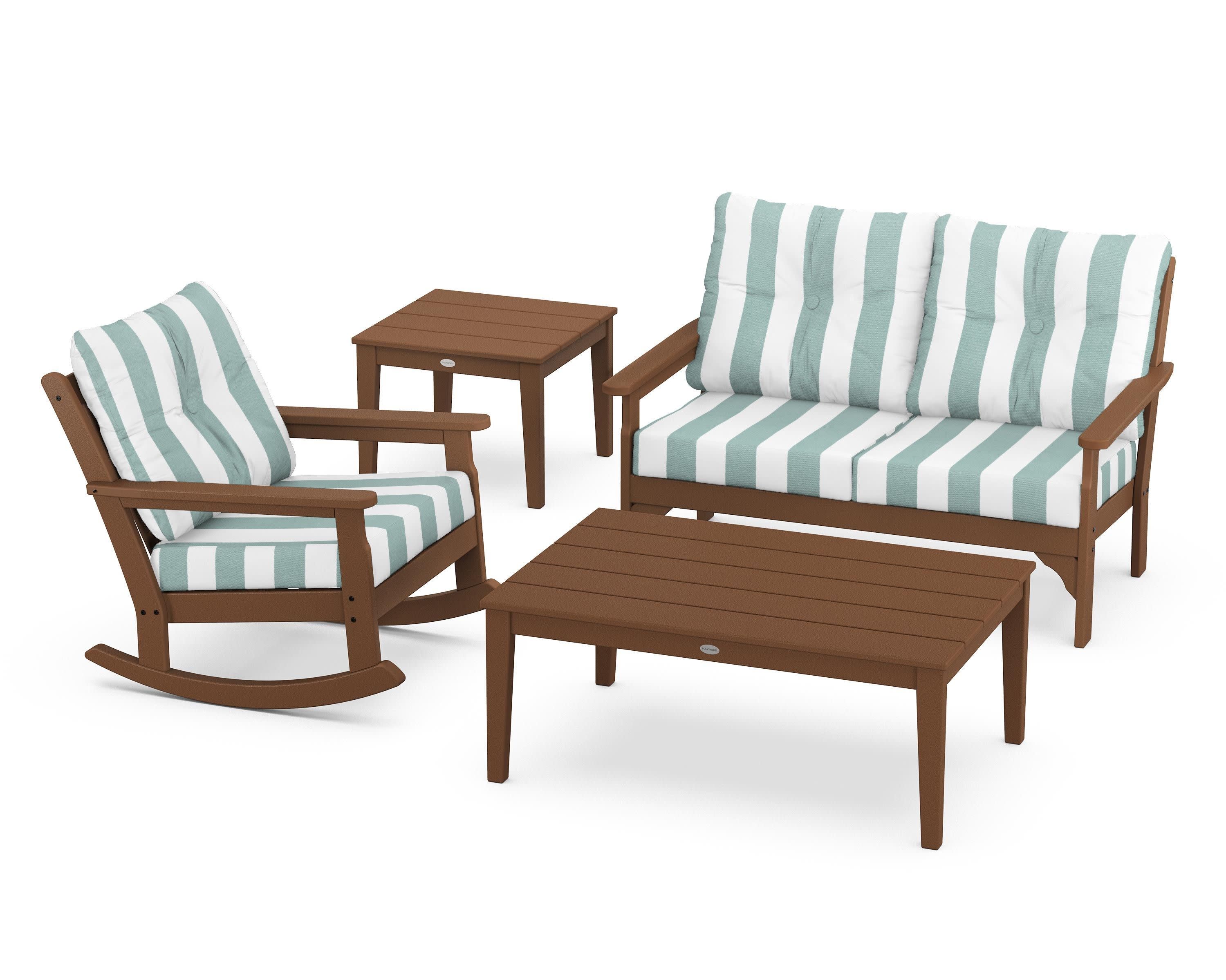 Vineyard 4-Piece Deep Seating Rocker Set in Teak / Cabana Stripe Glacier Spa