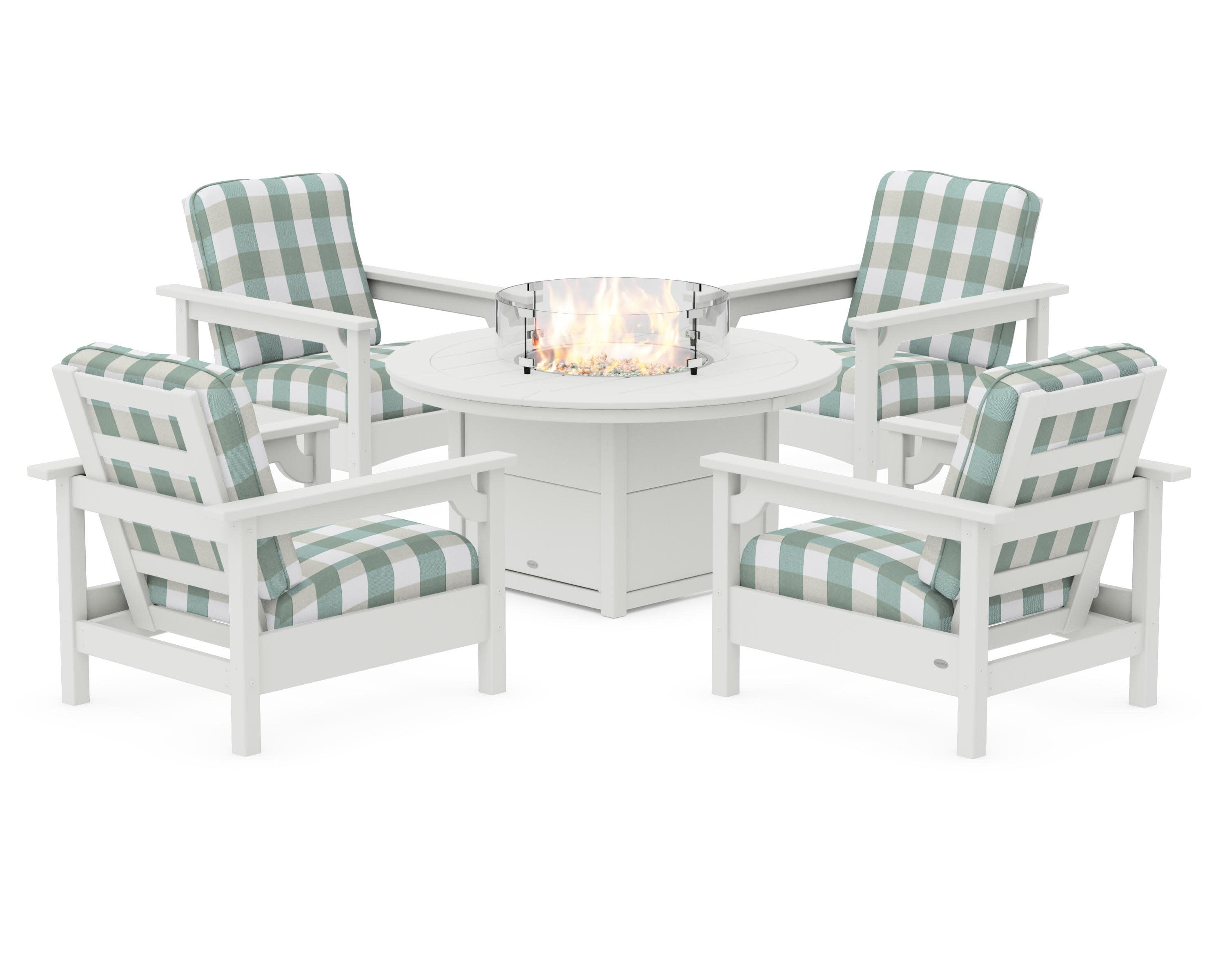 Club 5-Piece Conversation Set with Fire Pit Table in Vintage White / Buffalo Plaid Glacier Spa