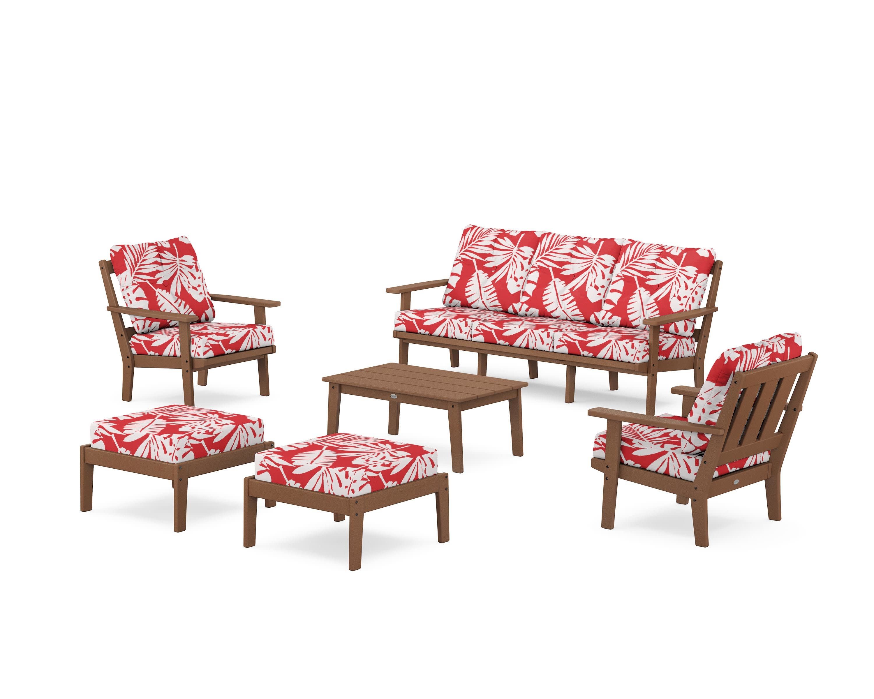 Oxford 6-Piece Lounge Sofa Set in Teak / Leaf Crimson