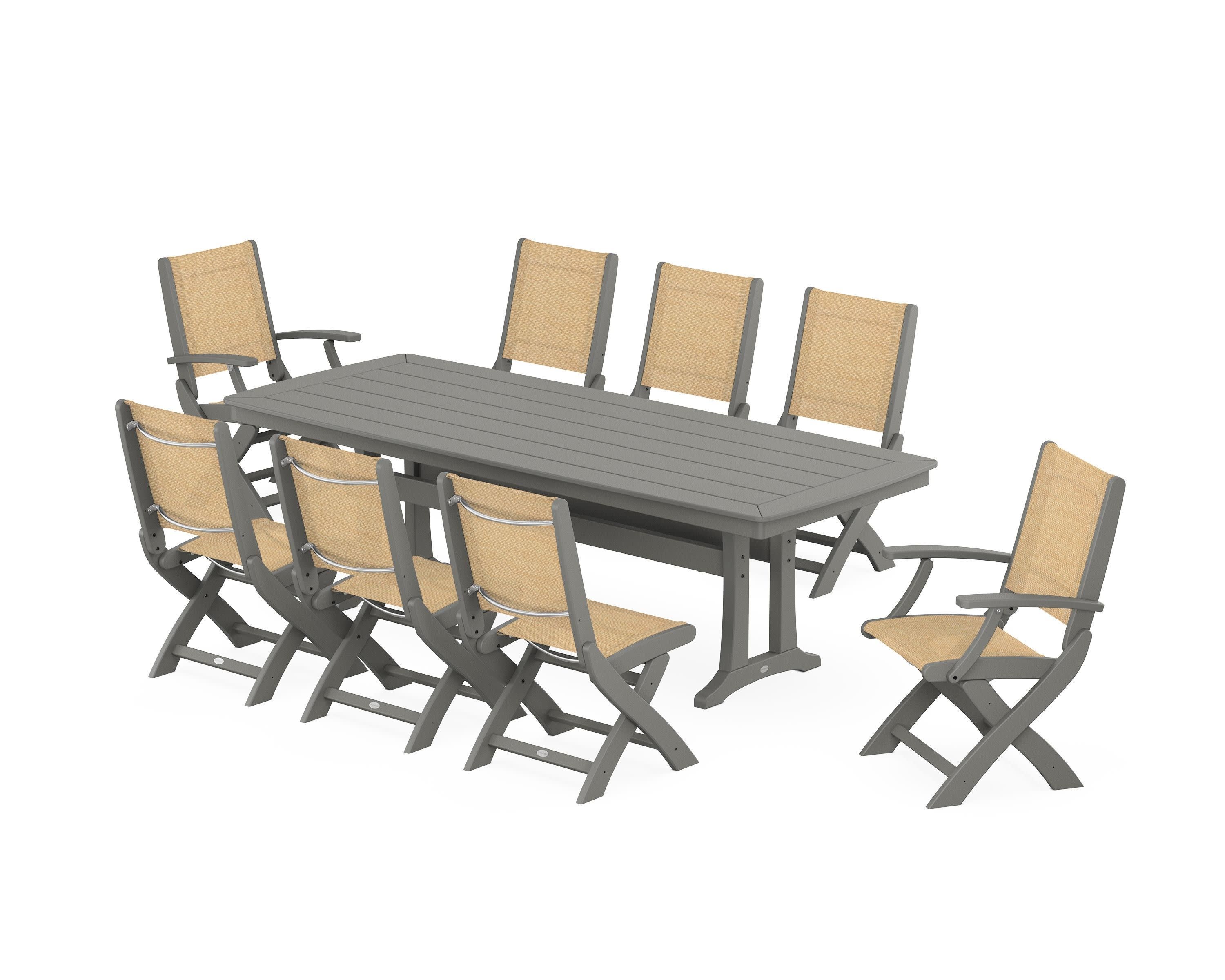 Coastal Folding 9-Piece Dining Set with Trestle Legs in Slate Grey / Dupioni Apricot Sling