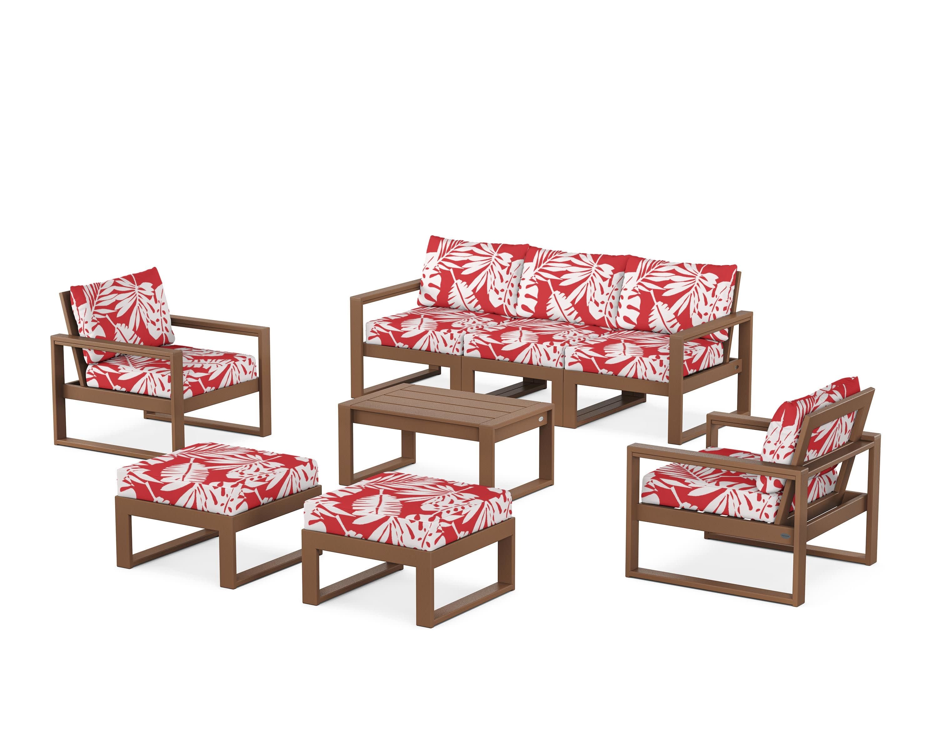EDGE Sectional 8-Piece Lounge Sofa Set in Teak / Leaf Crimson