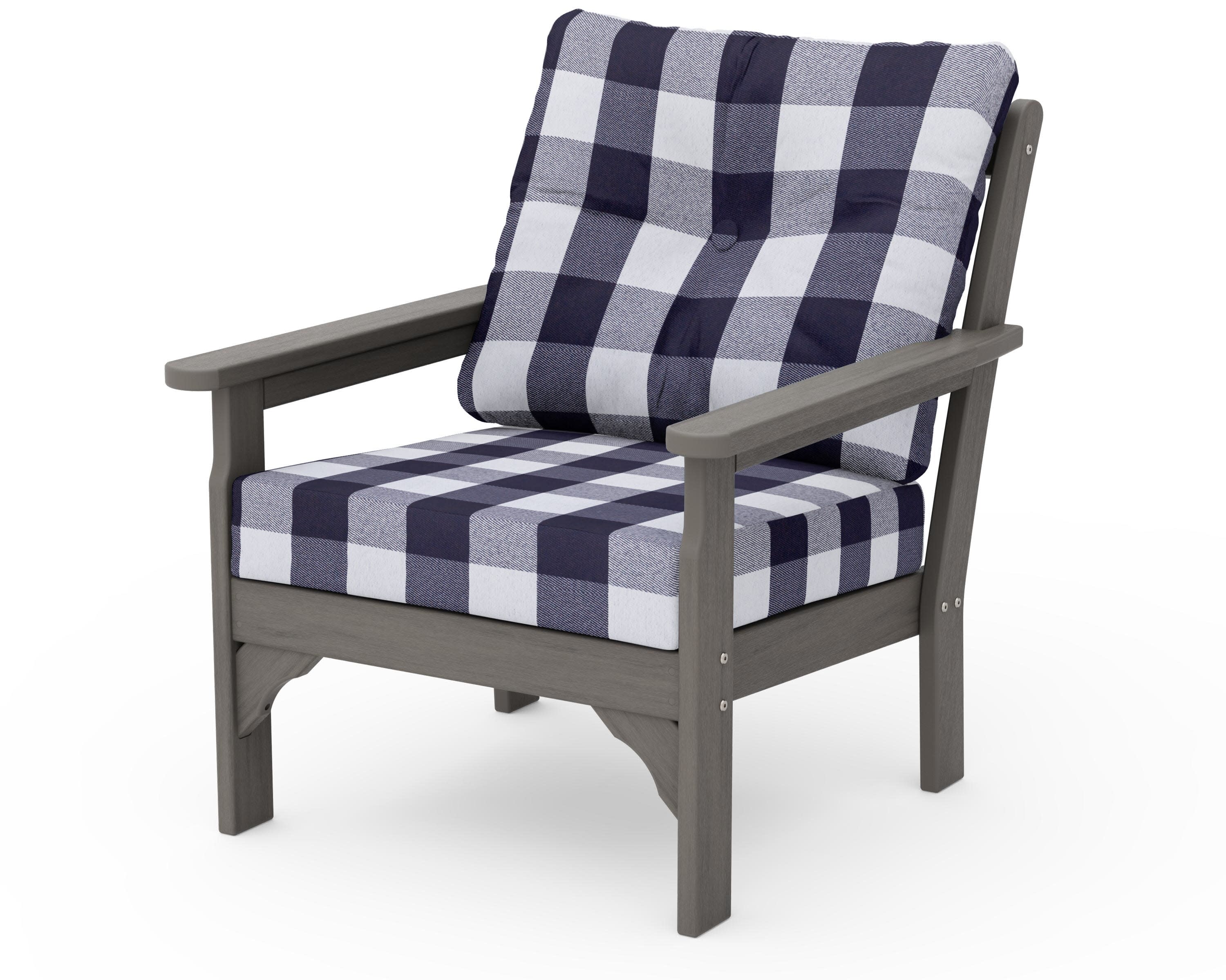 Vineyard Deep Seating Chair in Driftwood / Buffalo Plaid Navy