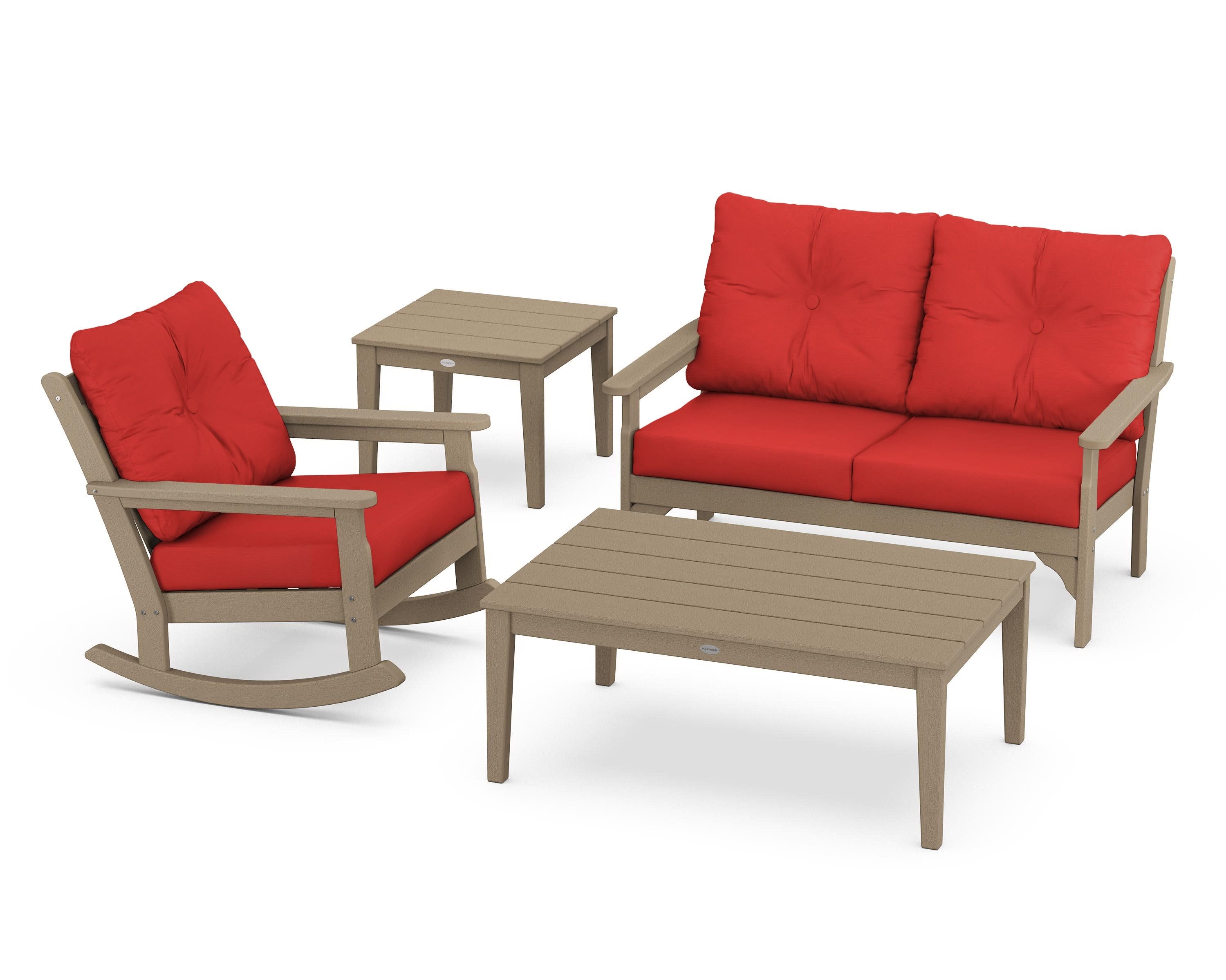 Vineyard 4-Piece Deep Seating Rocker Set in Vintage Sahara / Crimson Linen