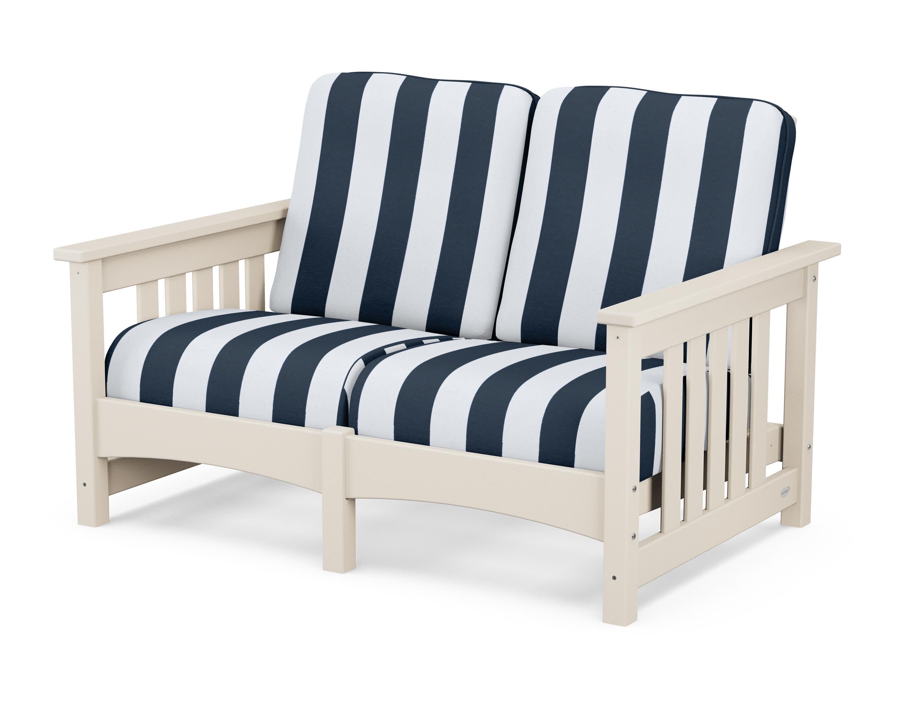 Club Mission Loveseat in Sand / Cabana Stripe Marine Indigo