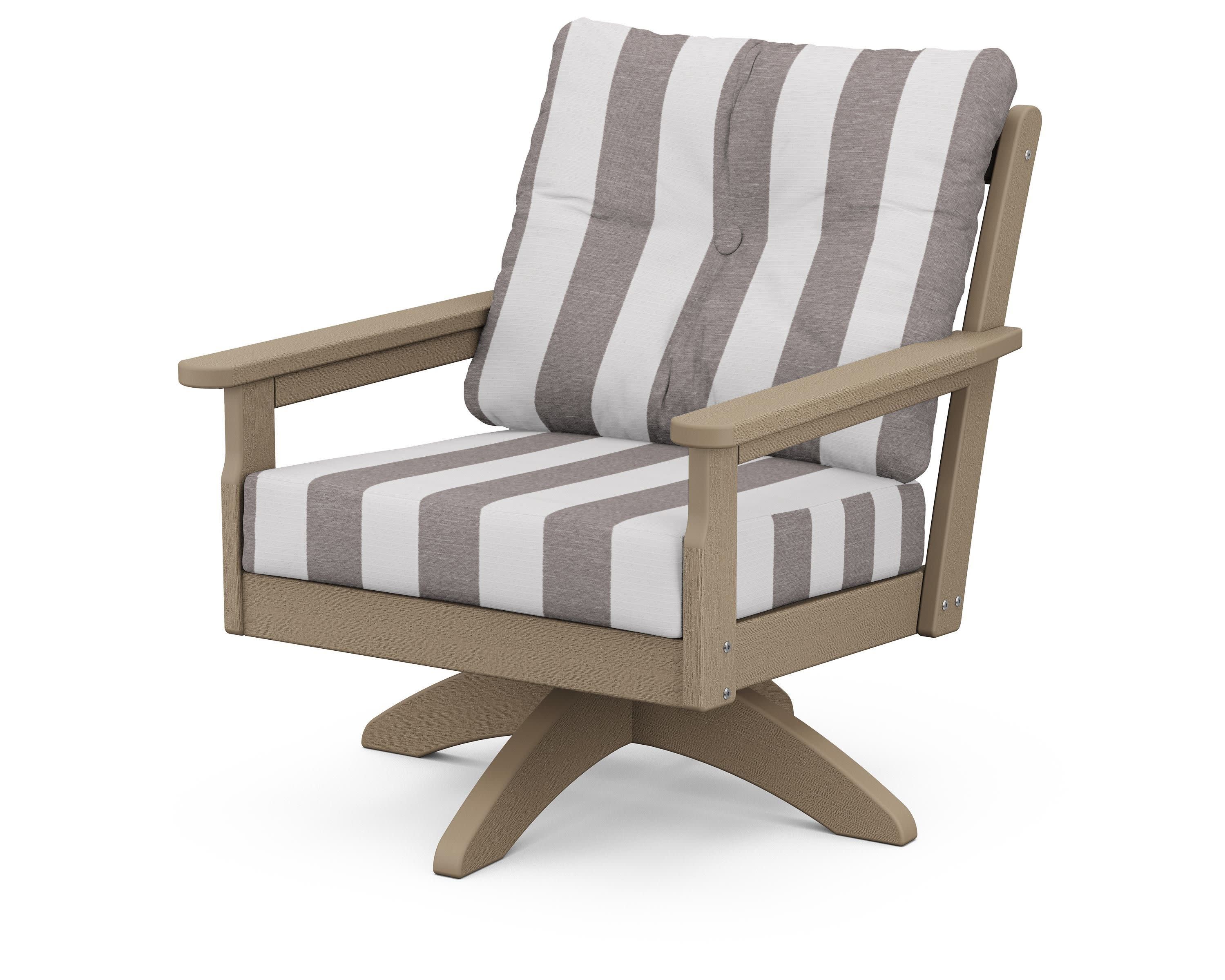Vineyard Deep Seating Swivel Chair in Vintage Sahara / Cabana Stripe Grey Mist
